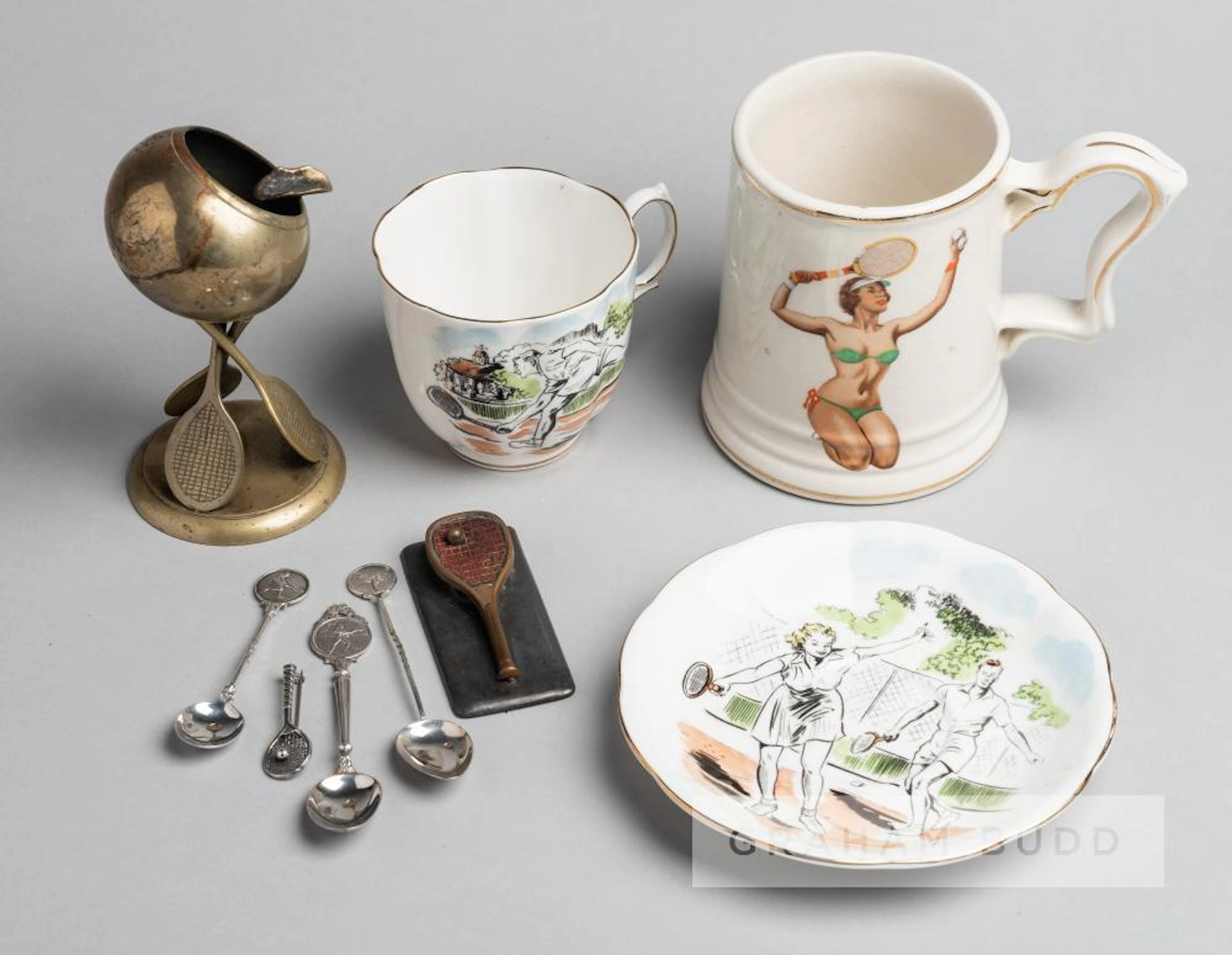 TENNIS RELATED MEMORABILIA INCLUDING SILVER TEASPOONS