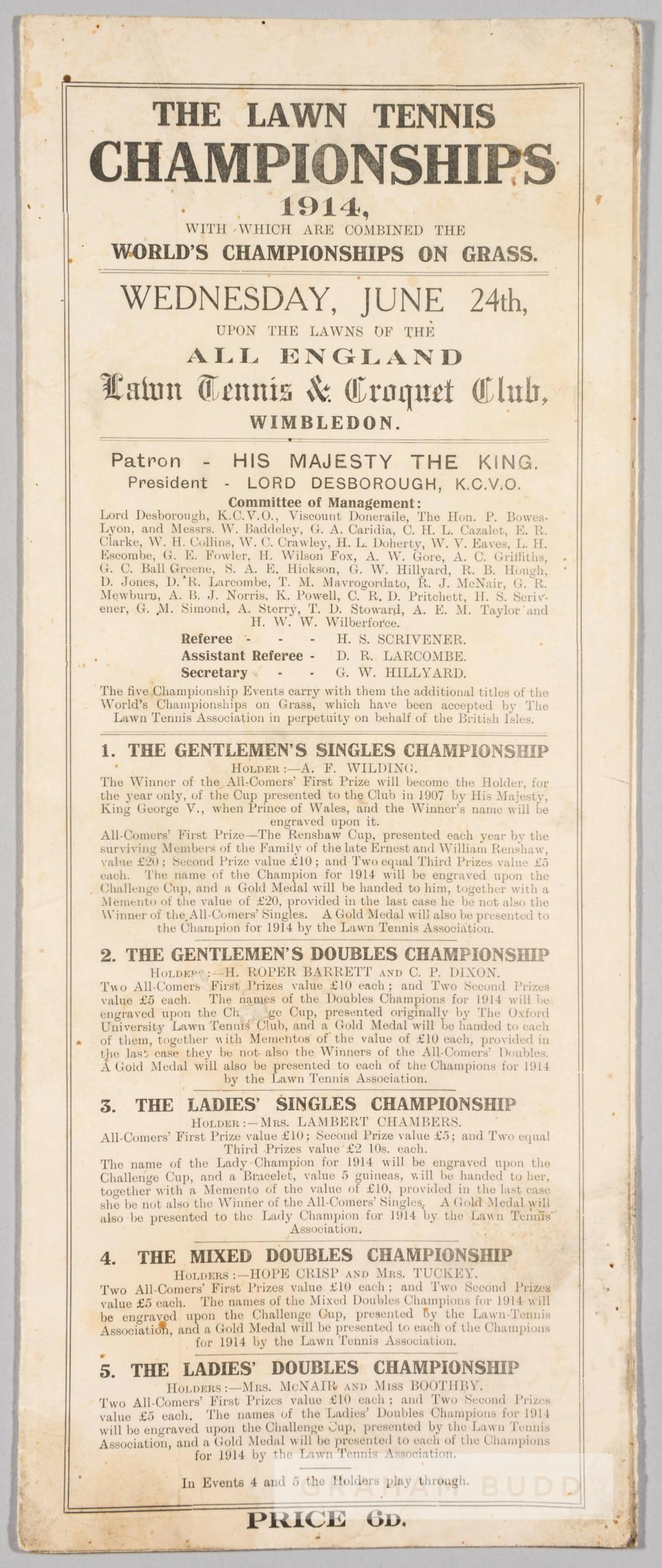 1914 THE LAWN TENNIS CHAMPIONSHIPS WIMBLEDON PROGRAMME...