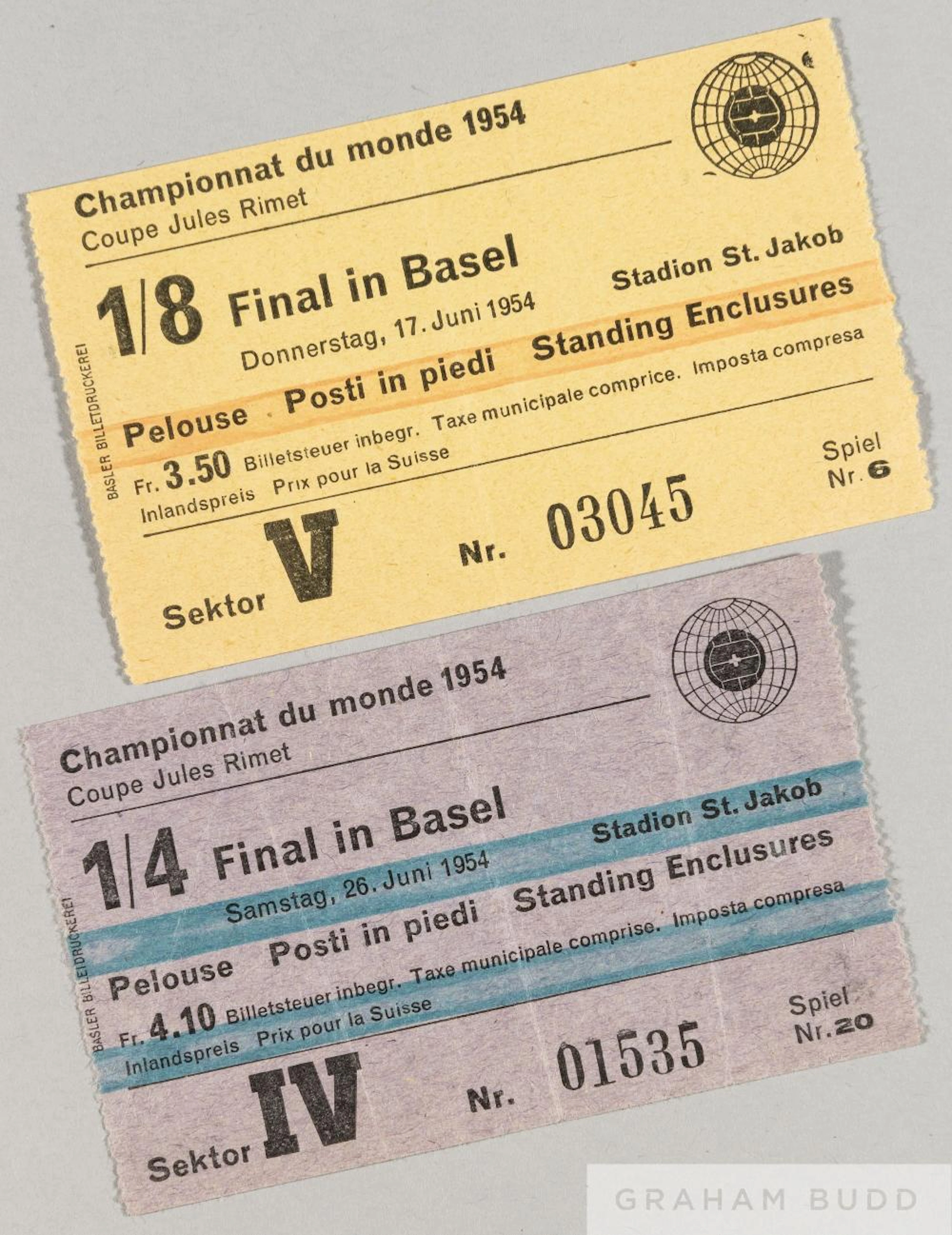 Two England tickets from the 1954 World Cup in Switzerland both played in Basel