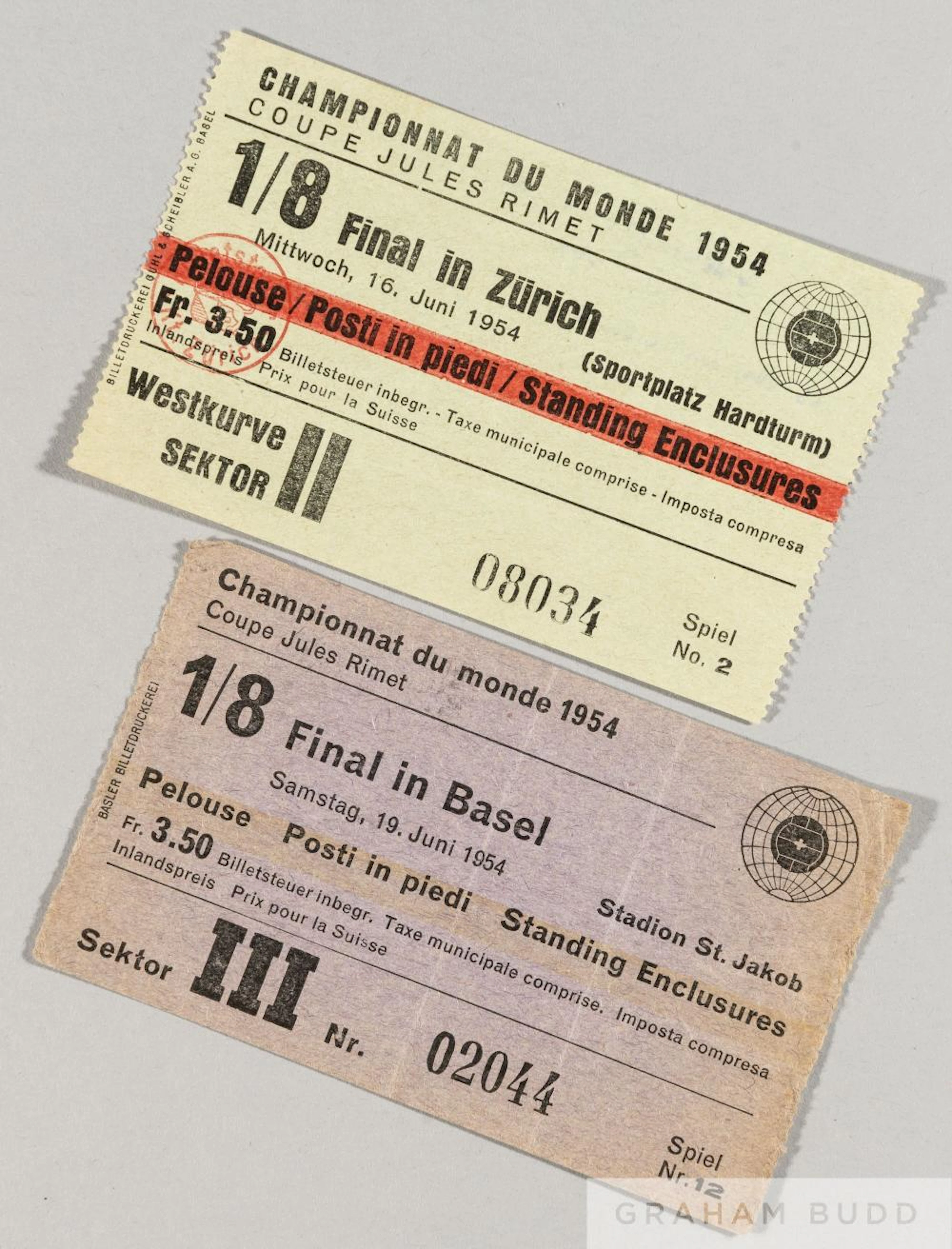 Two Scotland tickets from the 1954 World Cup in Switzerland