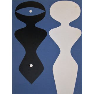 Jean ARP - Deux figures sur fond bleu, 1962 - Original woodcut