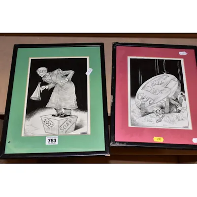 CHRIS RIDDELL (SOUTH AFRICA 1962) TWO PEN AND INK CARTOONS F... | Barnebys