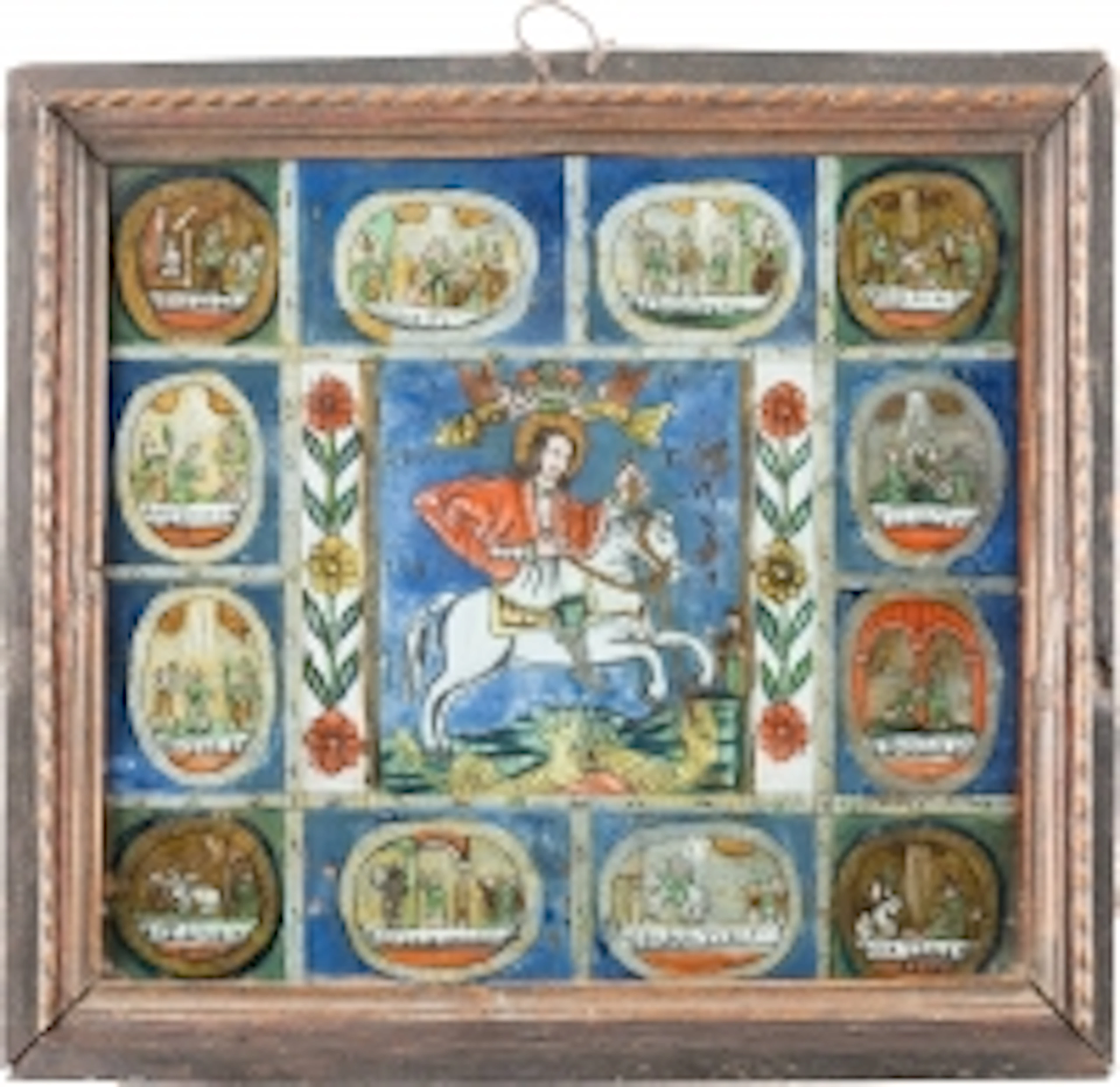 HINTERGLASIKONE MIT DEM HEILIGEN GEORG DEM DRACHENTÖTER MIT SZEN