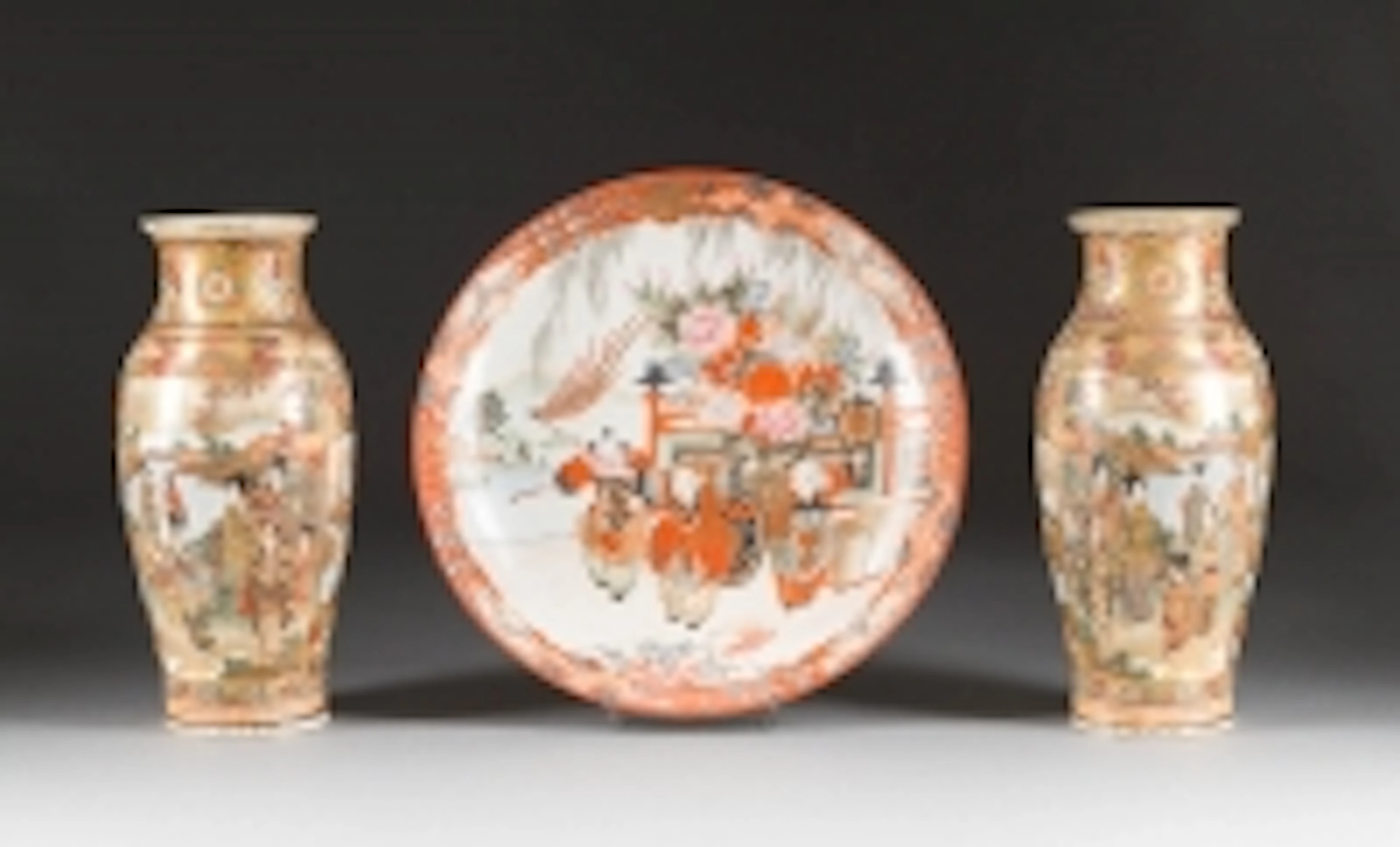 IMARI-SCHALE UND PAAR SATSUMA-VASEN