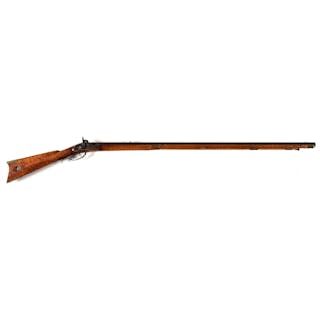 (A) FULL STOCK PERCUSSION KENTUCKY RIFLE WITH COIN SILVER INLAYS.