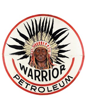 RARE & OUTSTANDING WARRIOR PETROLEUM WOODEN SIGN W/ NATIVE AMERICAN GRAPHIC.