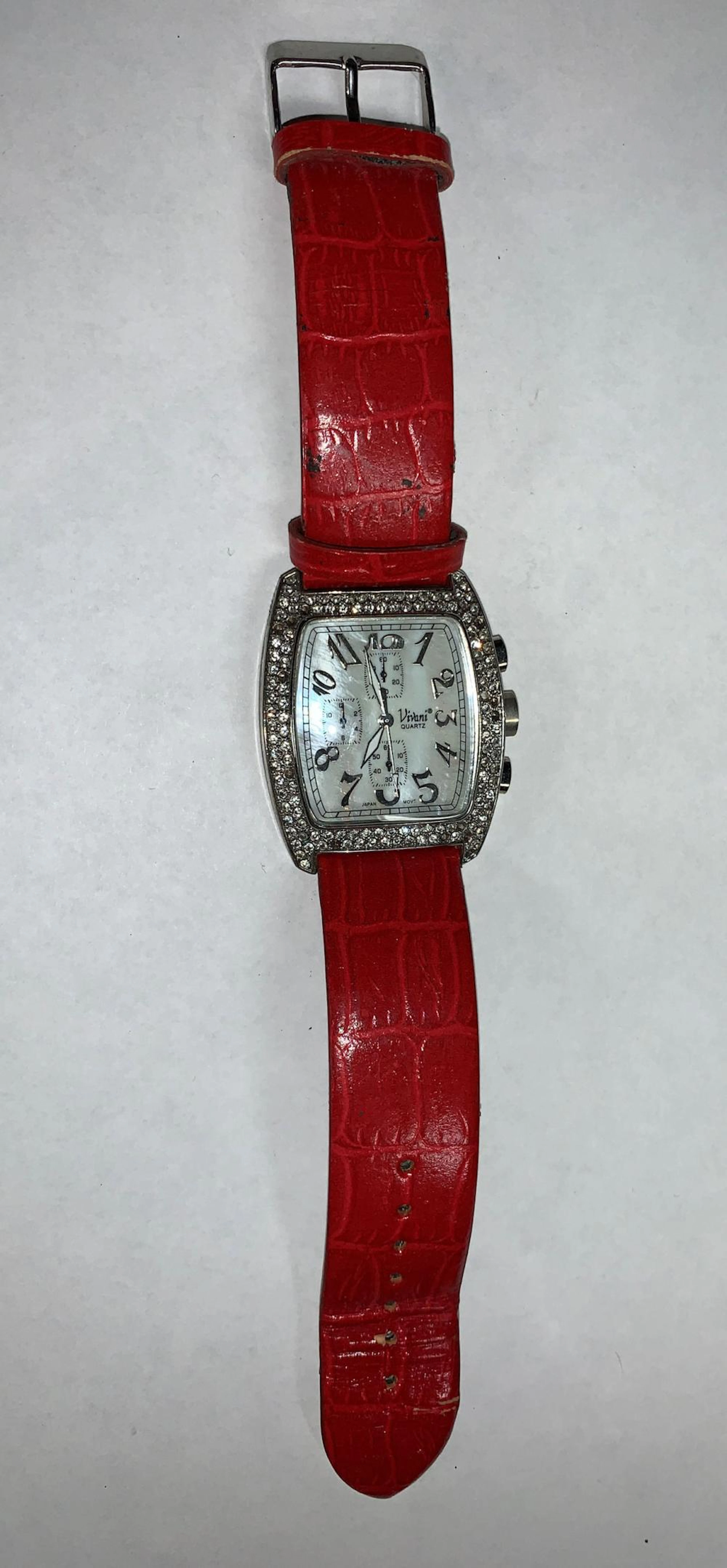 Vivani Quartz Red Leather And Rhinestone Watch