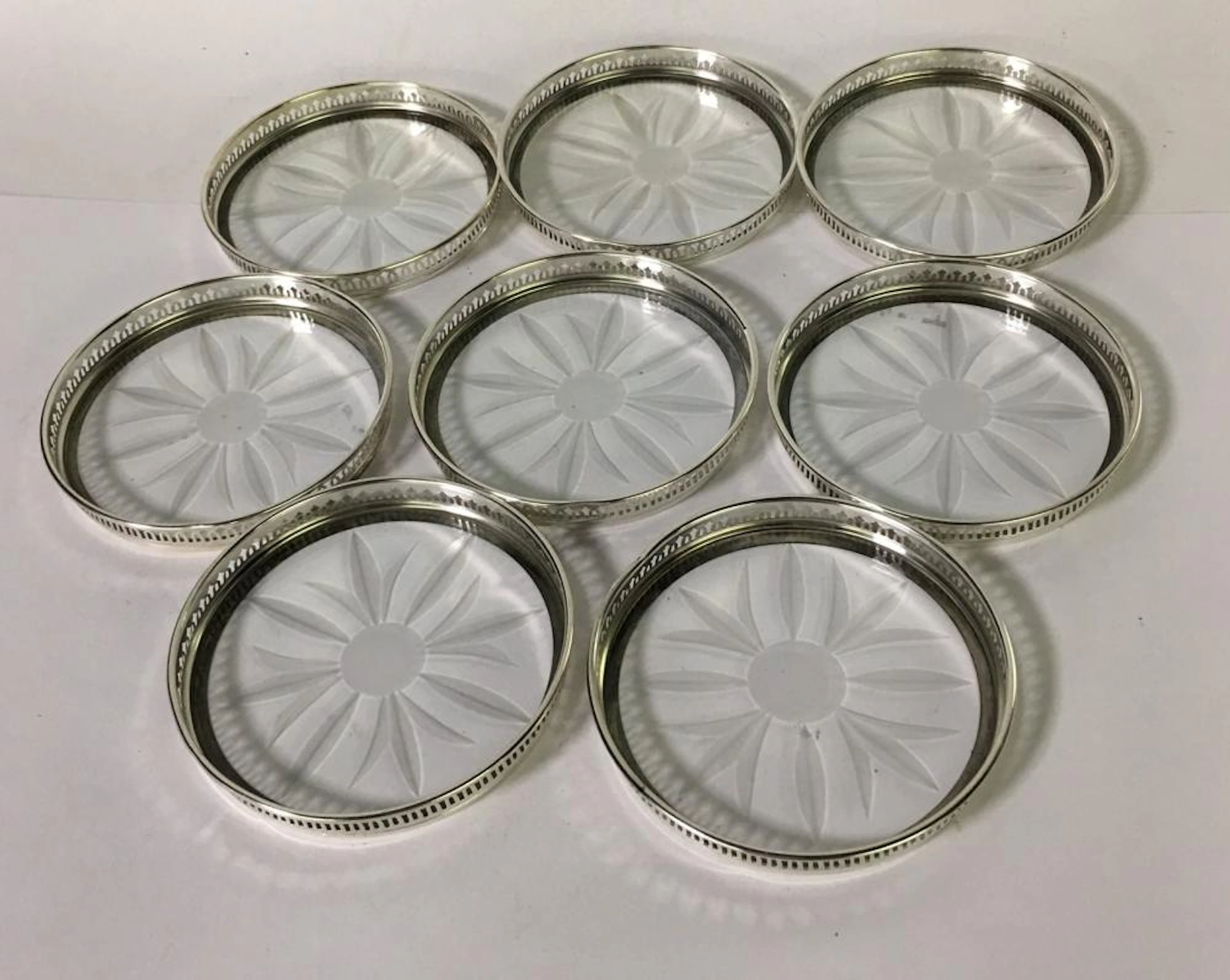 8 Amston Sterling Silver & Glass Coasters