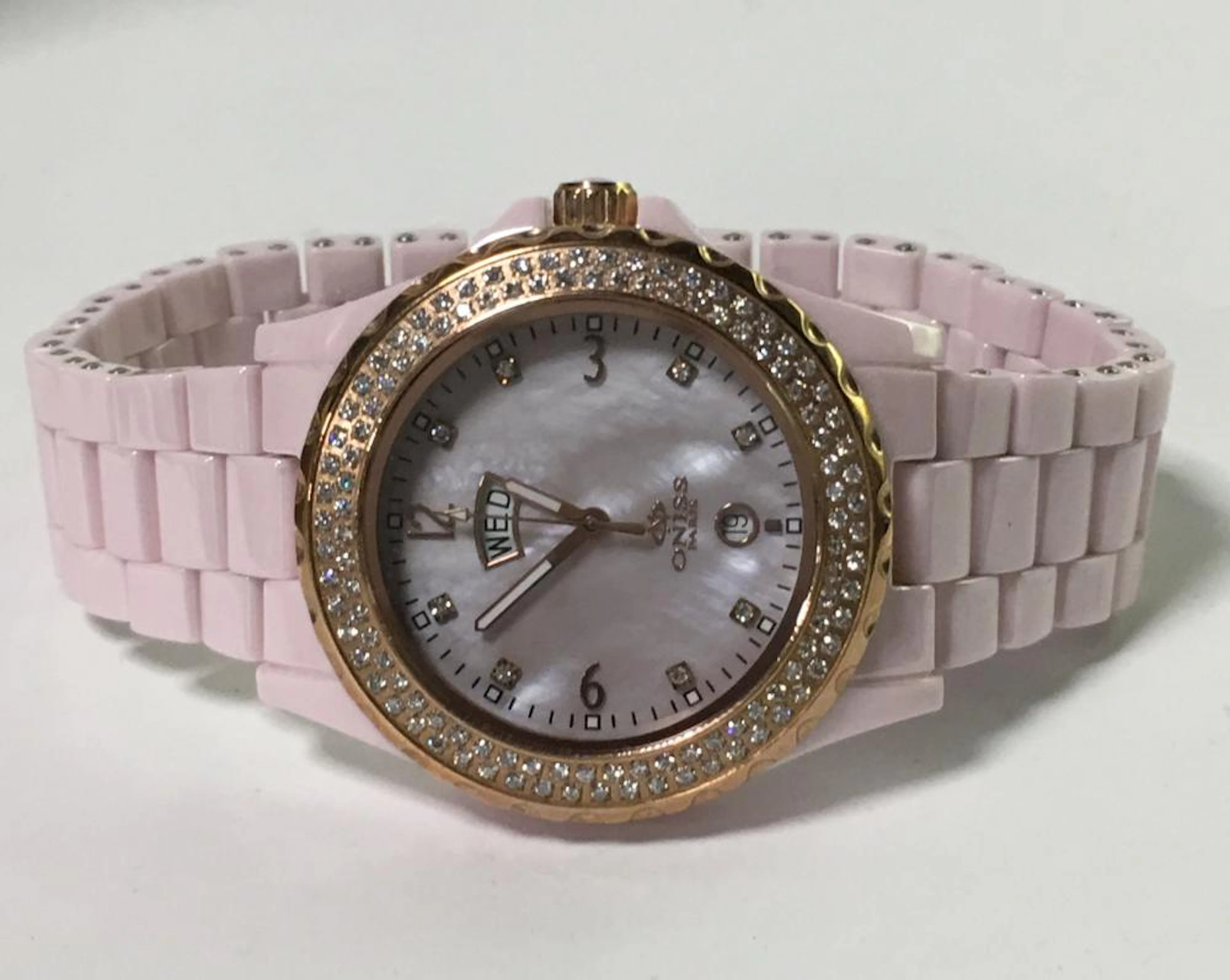 Oniss Paris Pink & Rhinestone Wrist Watch In Case
