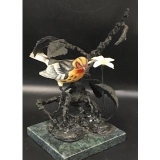 Signed Bronze And Porcelain Bird Sculpture