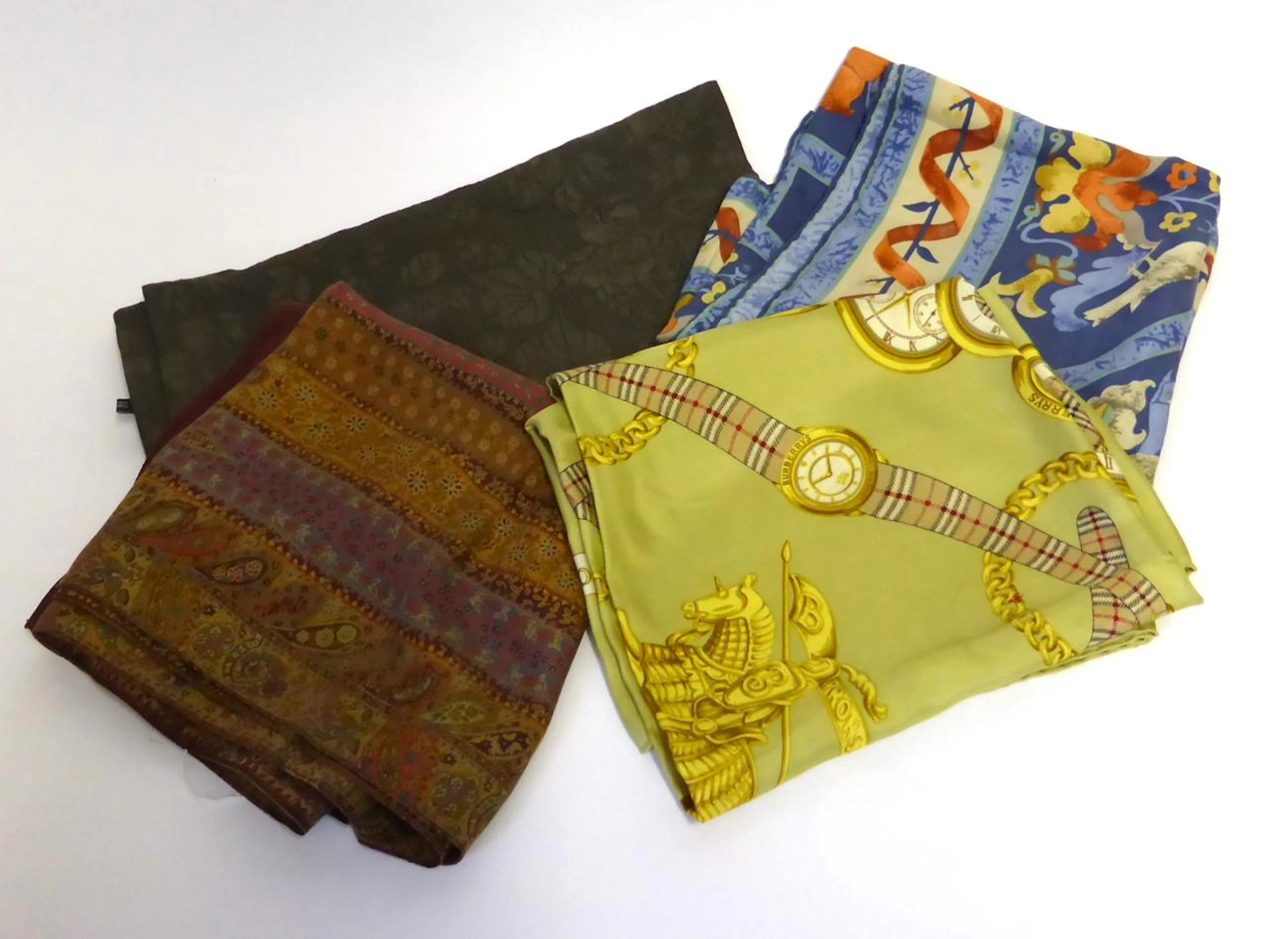 Burberrys Silk Scarf decorated with pocket watches and chain on a gold back ground