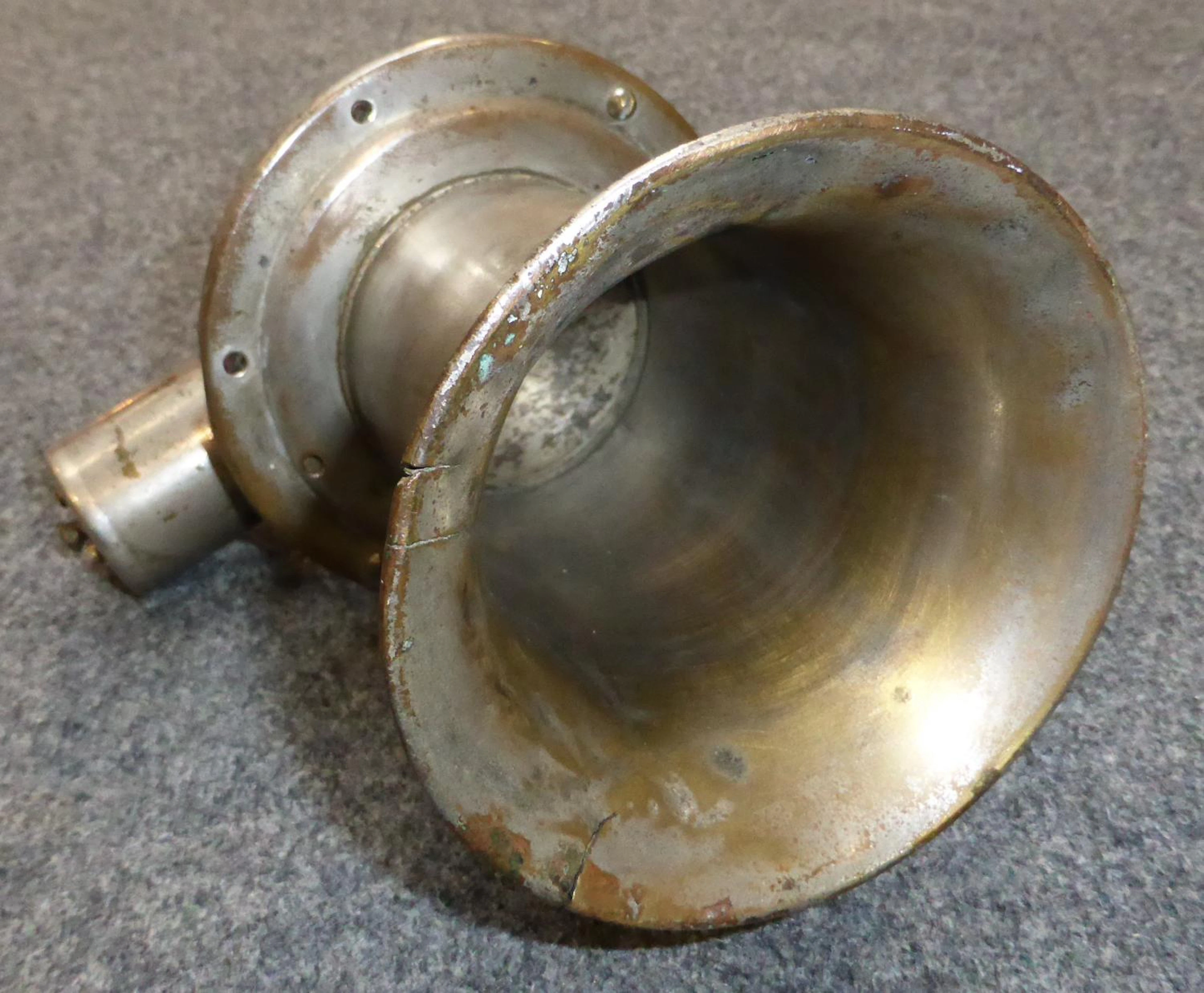 A Vintage Cowey Car Horn the trumpet horn fixed to a steel body