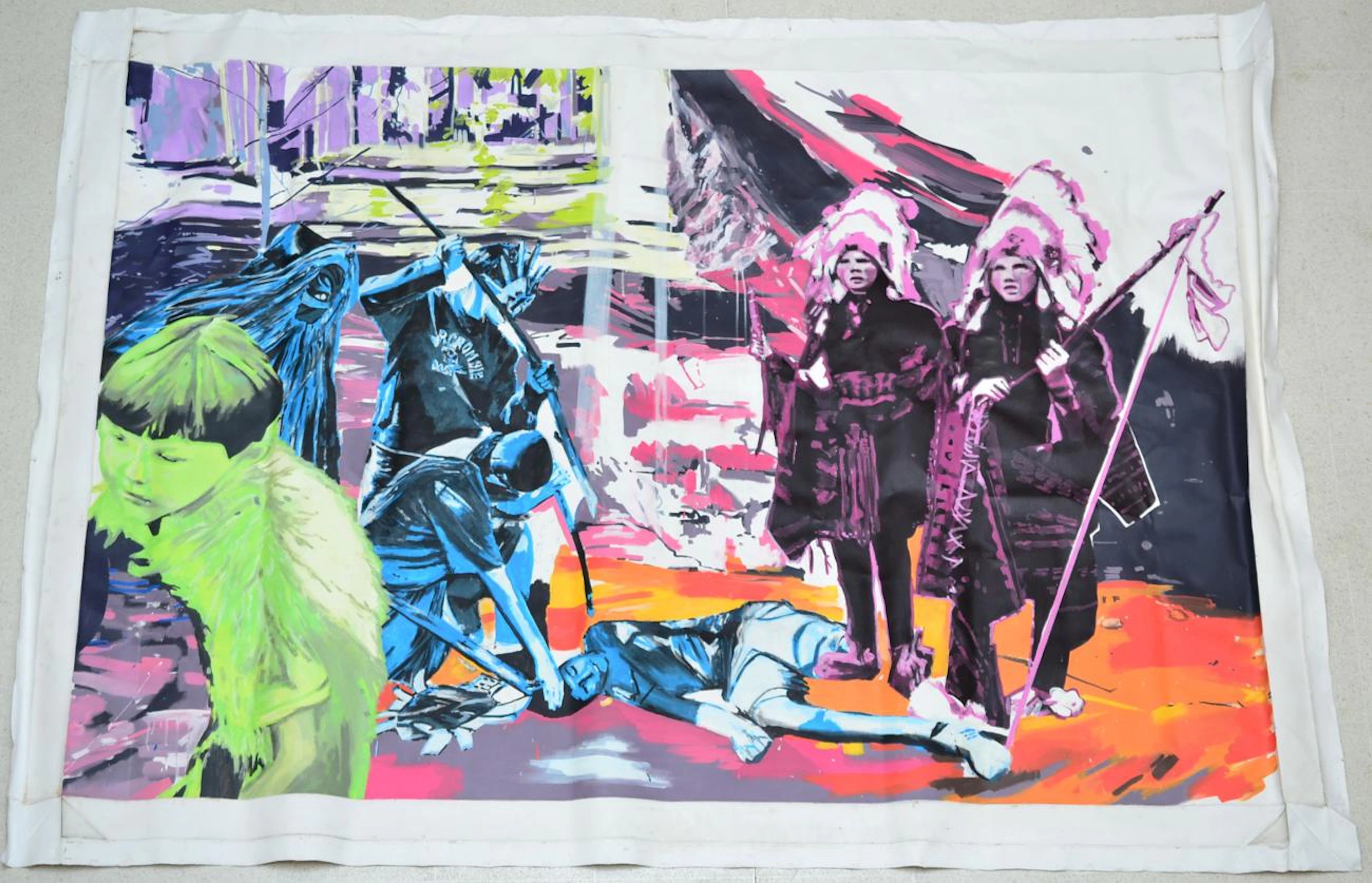 Stuart Semple (b.1980) Masked children attacking a boySigned verso