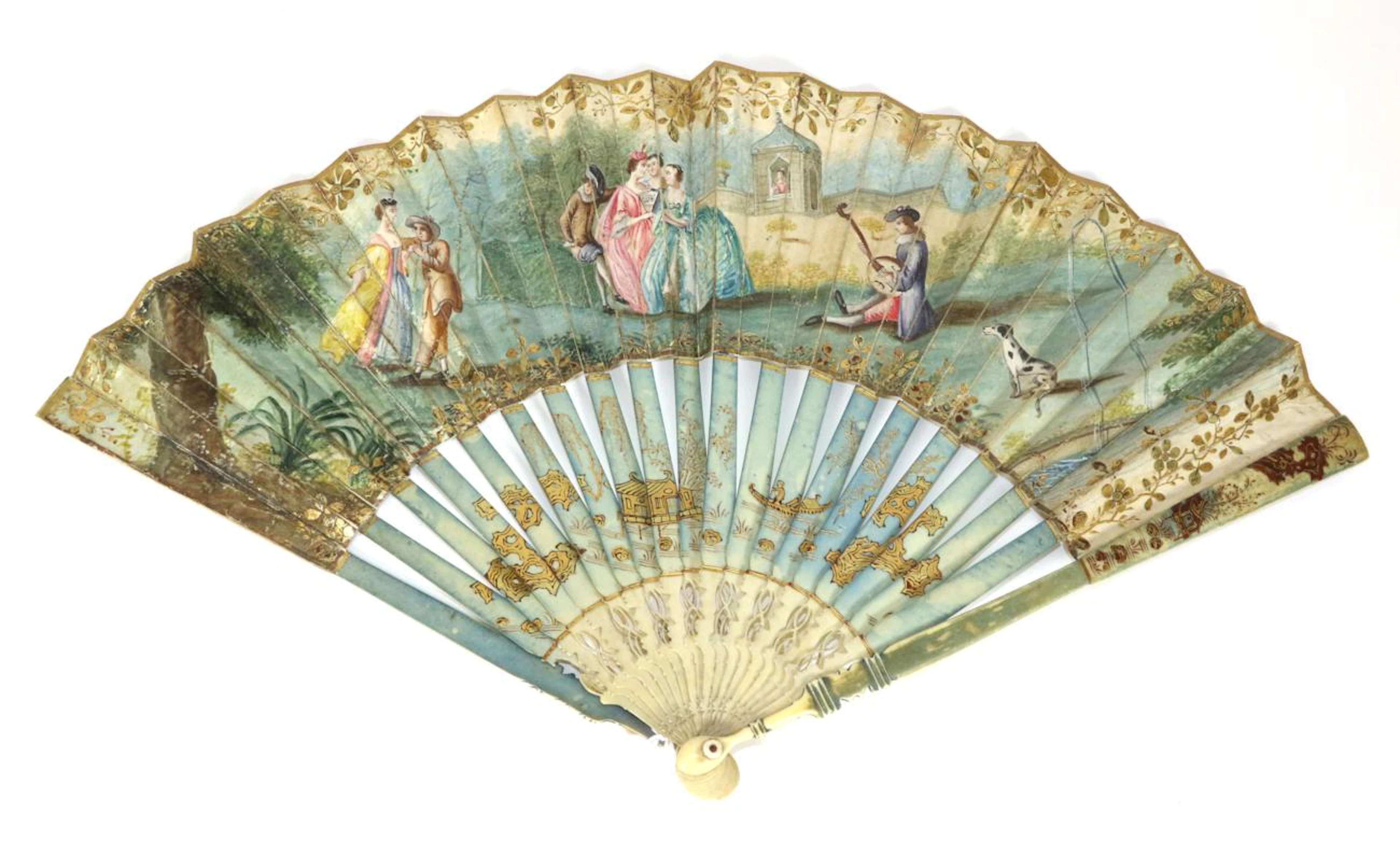 An 18th Century Ivory Fan the guards painted in a pale sea green