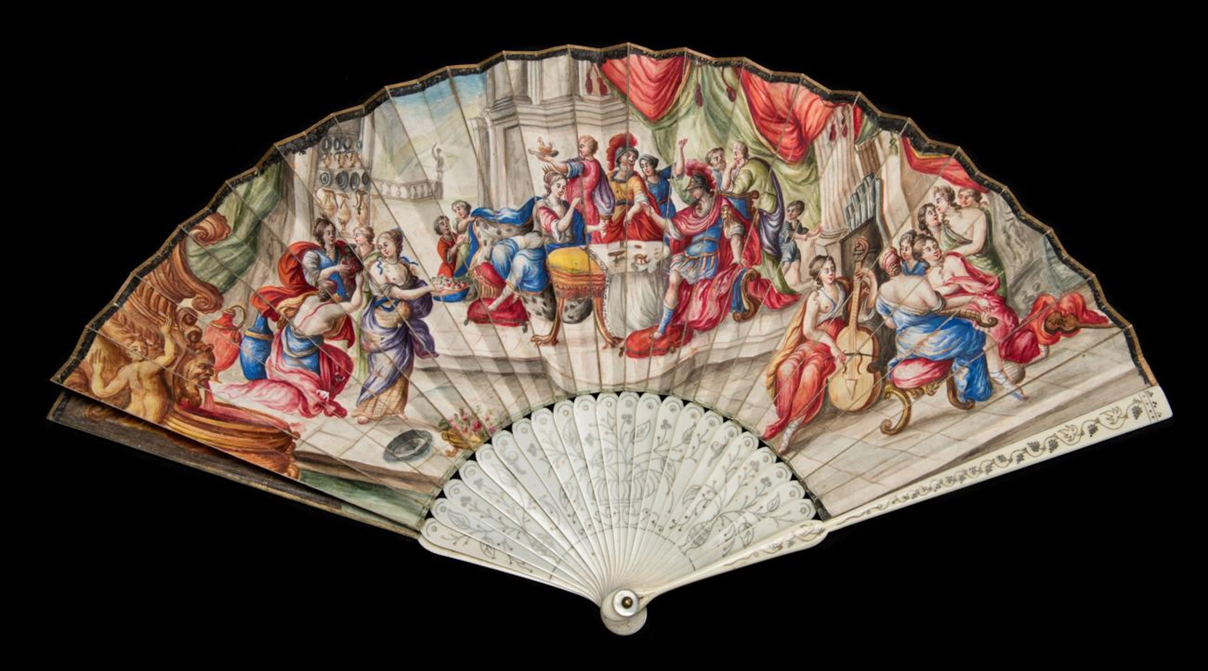 Cleopatra and the Pearl: A Very Early 18th Century Ivory Fan the sticks piqué with steel