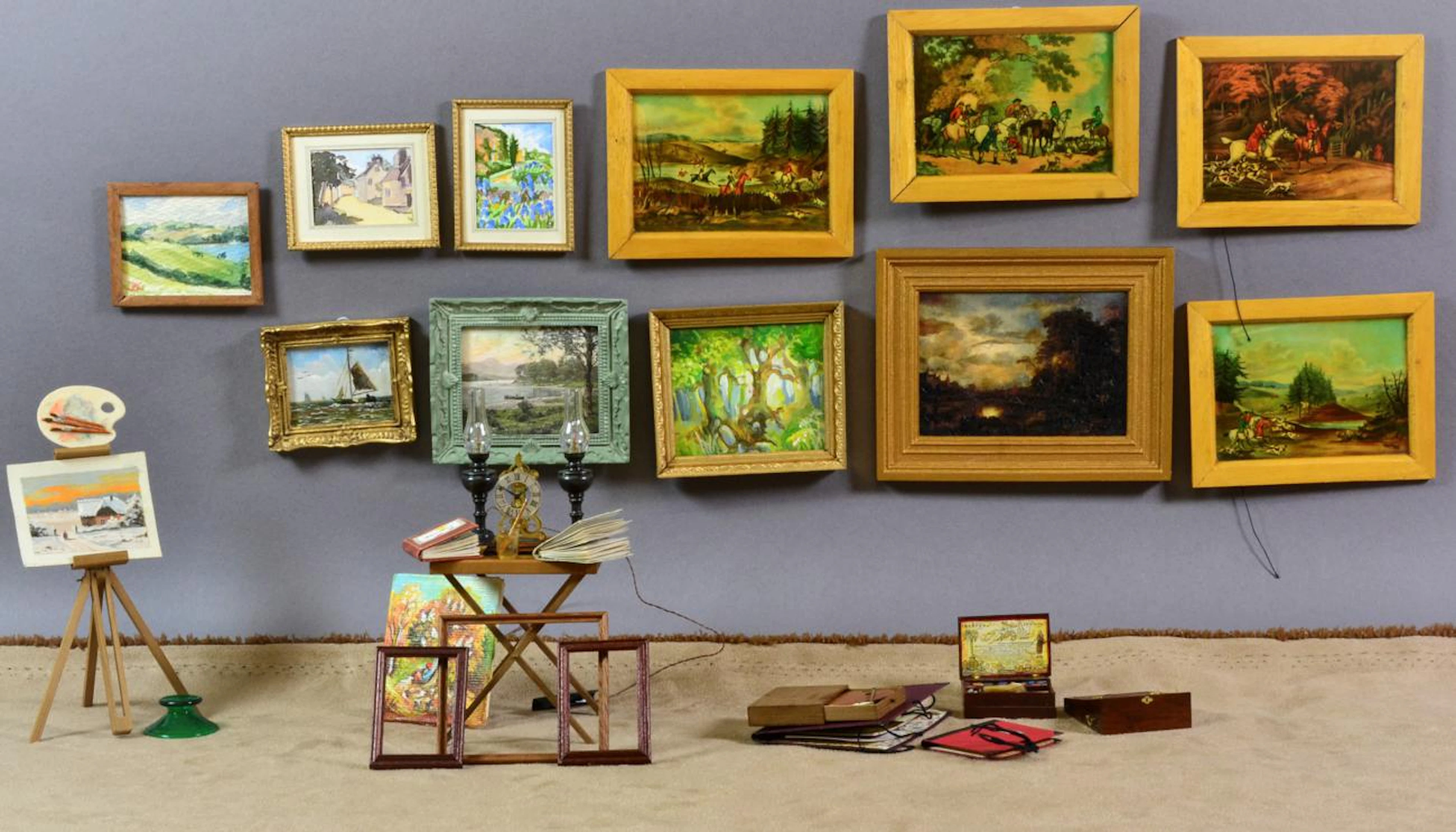 Assorted Dolls House Miniature Art Accessories including a wooden paint box with contents