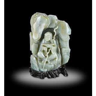 A Chinese Celadon Jade Inscribed “Luohan” Boulder, Qianlong, Please