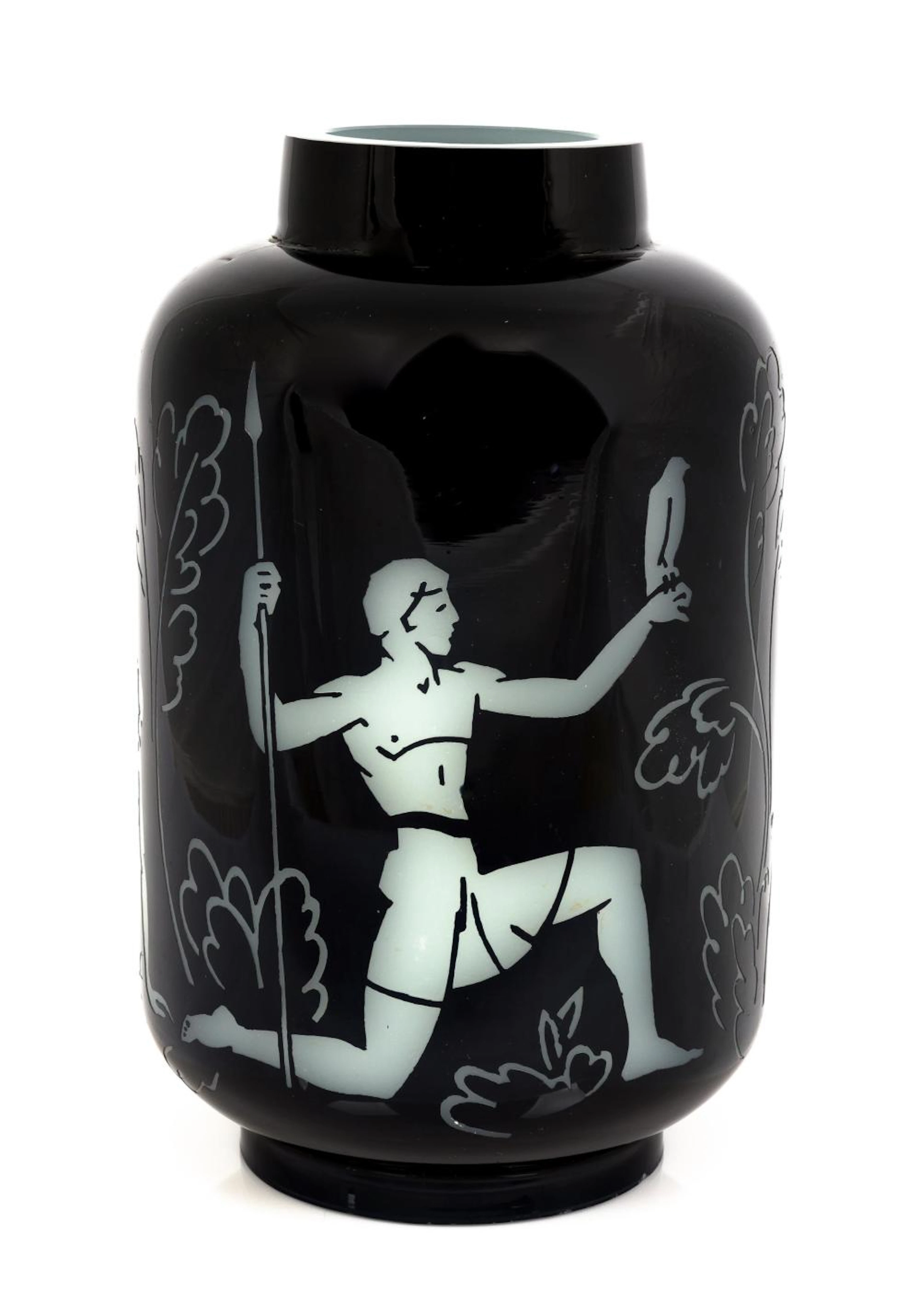 Steuben Mirror Black over Alabaster Vase with Greek Figures