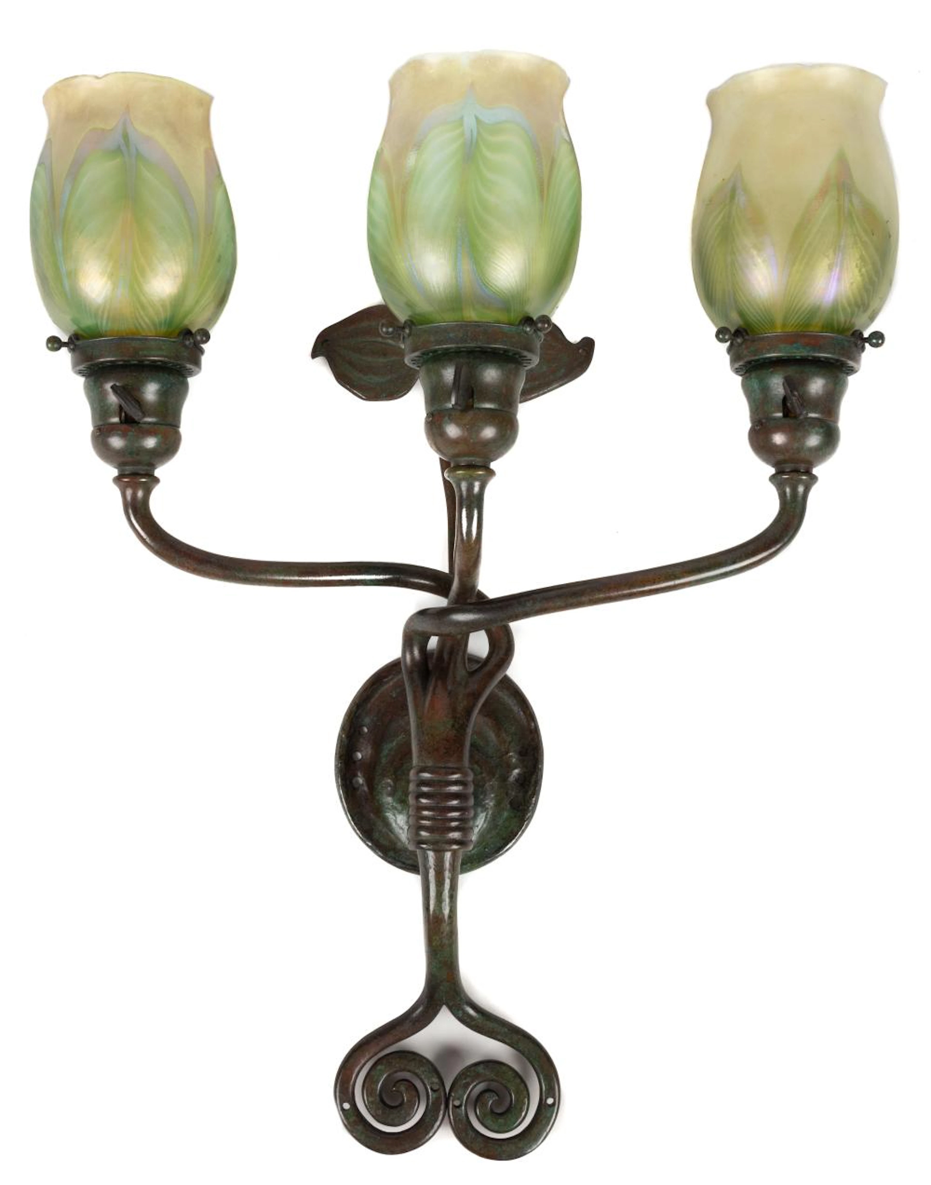 Rare Tiffany Studios New York Bronze Three Armed Wall Sconce