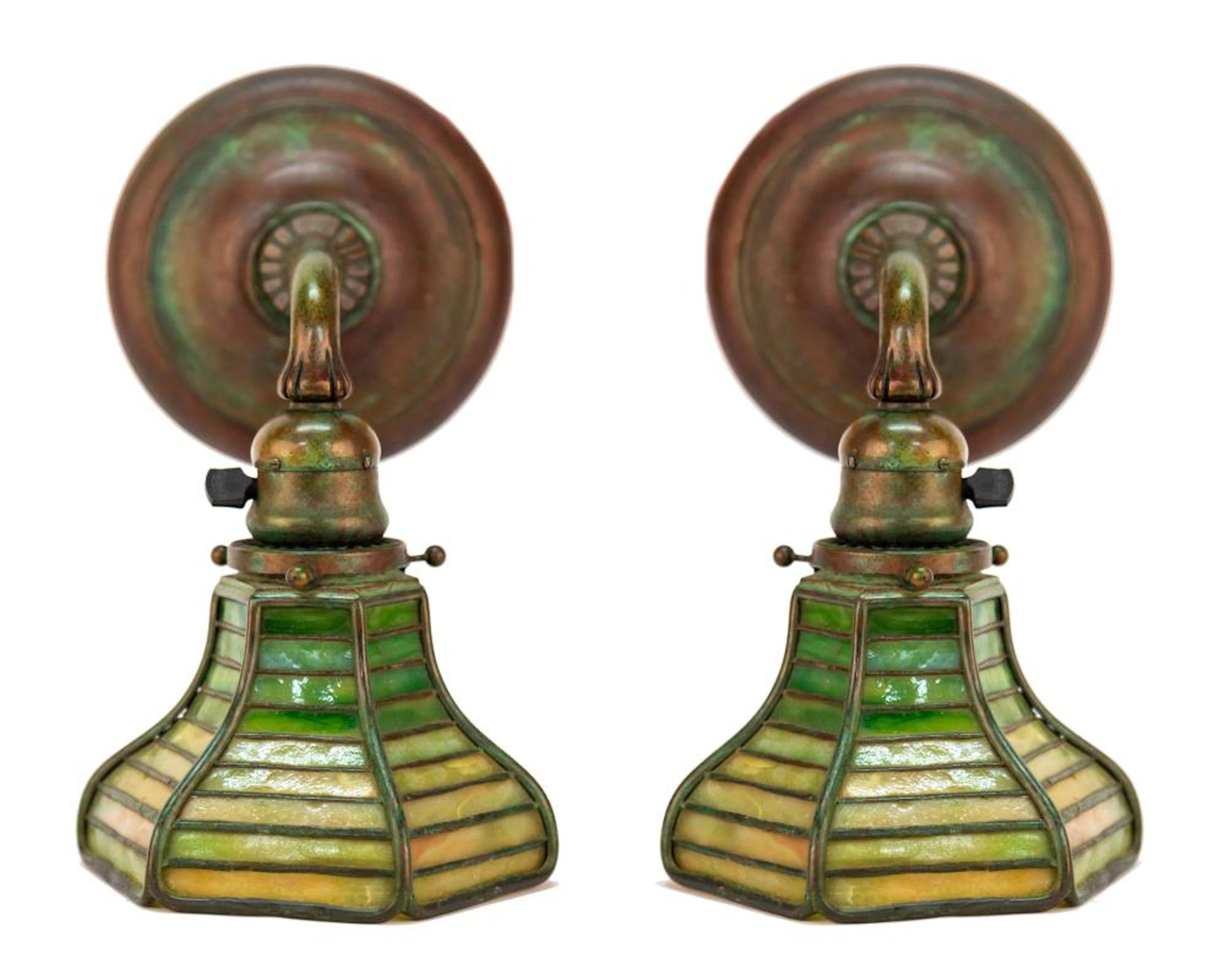 Pair of Tiffany Studios, New York Leaded Glass Sconces