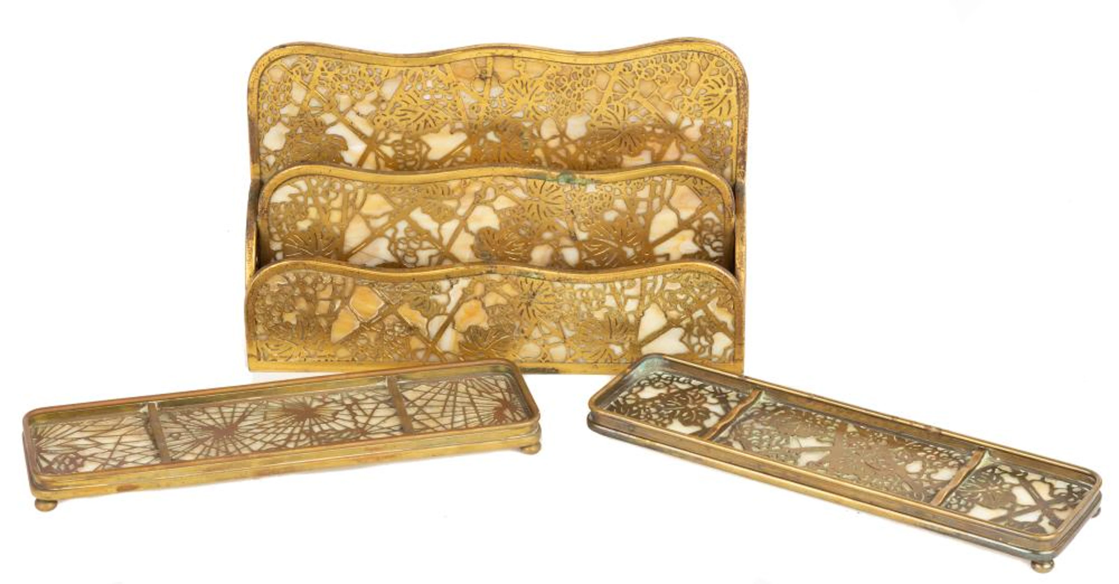 Tiffany Studios, New York Grapevine Letter Holder and (2) Pen Trays