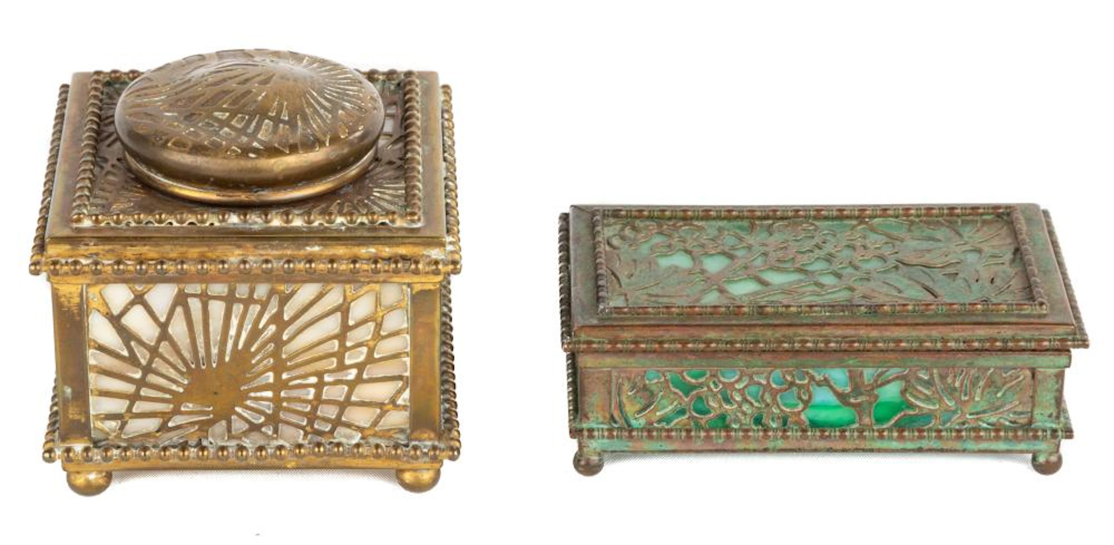 Tiffany Studios, New York Pine Needle Inkwell and Grapevine Stamp Box