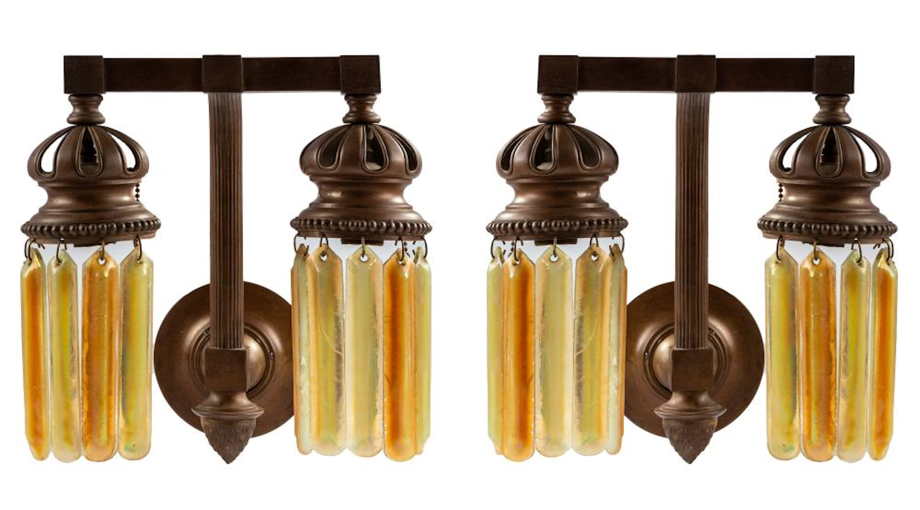 Pair of Arts & Crafts Sconces with Tiffany Favrile Prisms