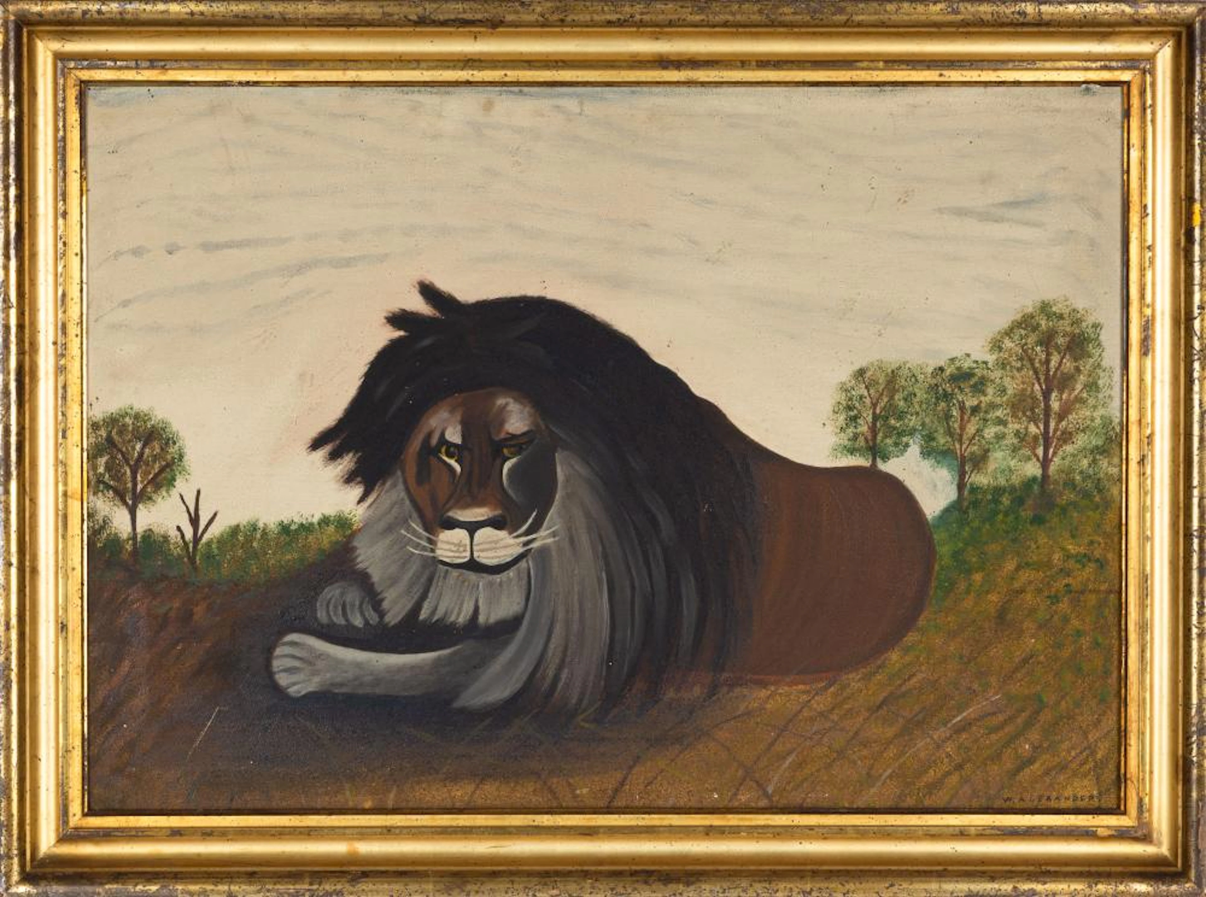 19th Century Folk Art Painting of a Lio