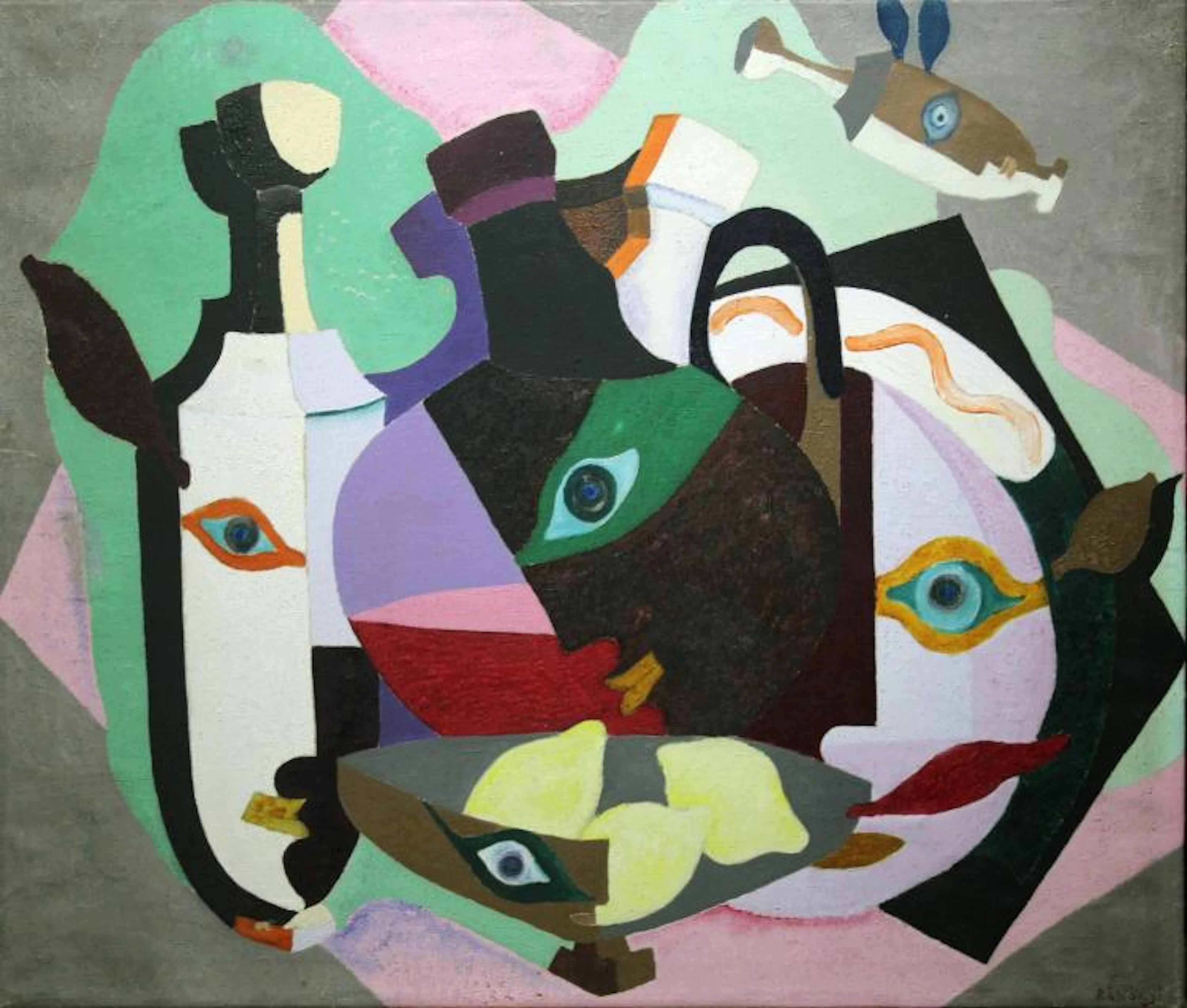 Basil Rakoczi 1908-1979 FACES - LEMONS AND BOTTLES Oil on canvas