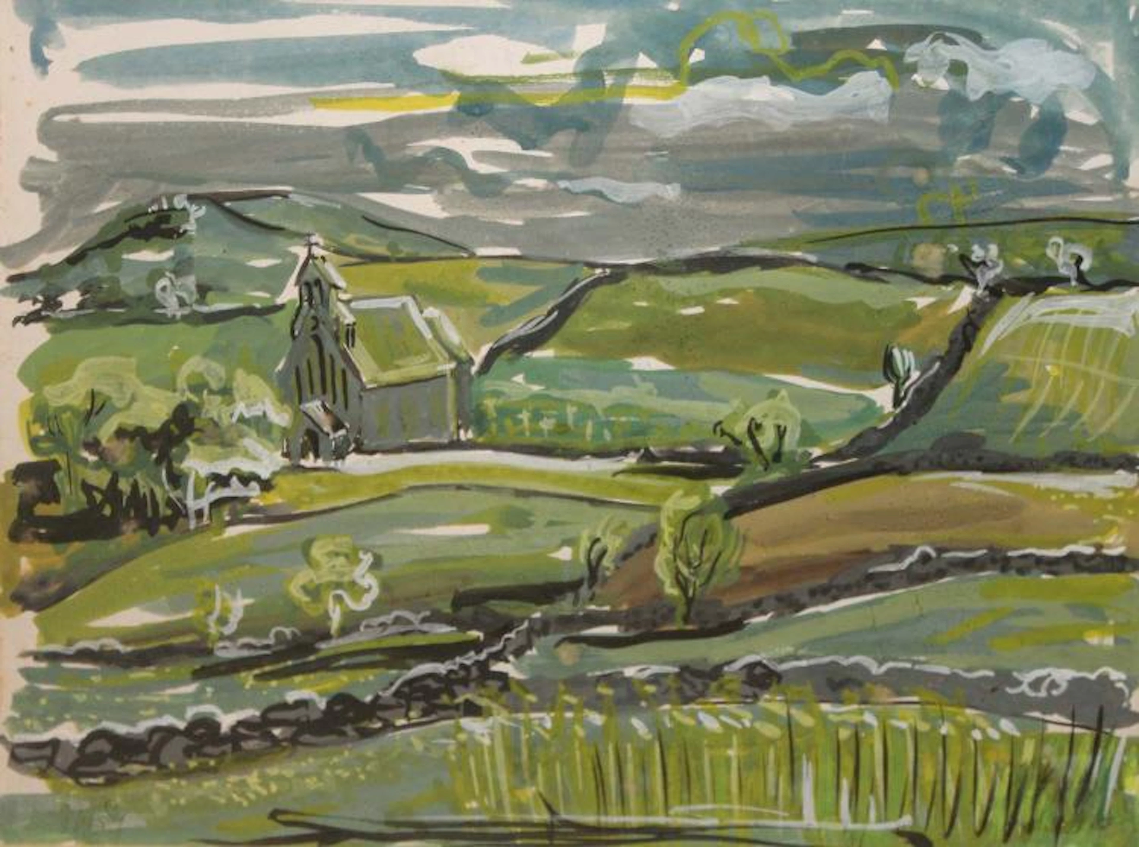 Norah McGuinness HRHA 1901-1980 GREEN VALLEY WITH CHURCH Gouache