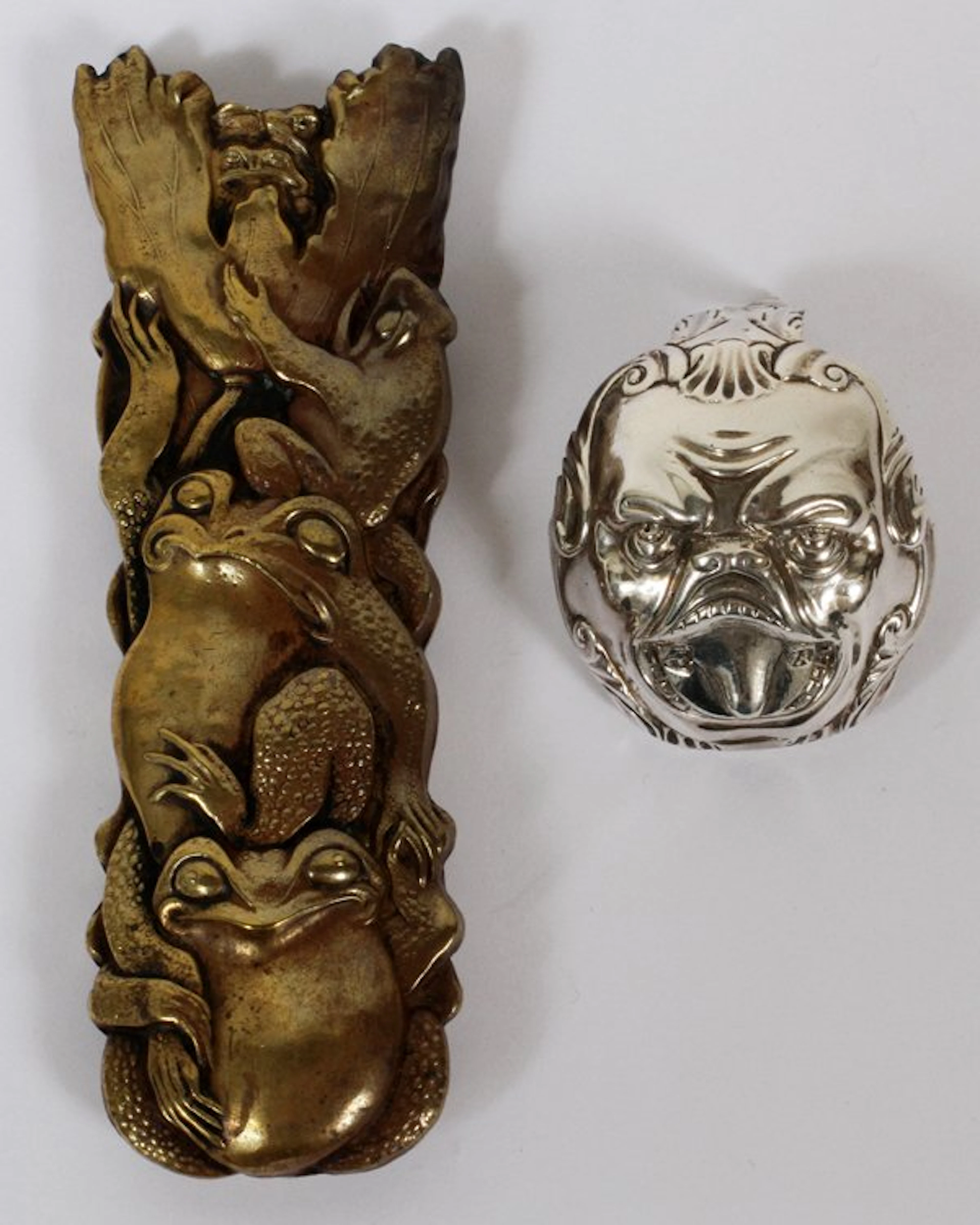 ENGLISH ANTIQUE STERLING MASK & BRASS HANDLE