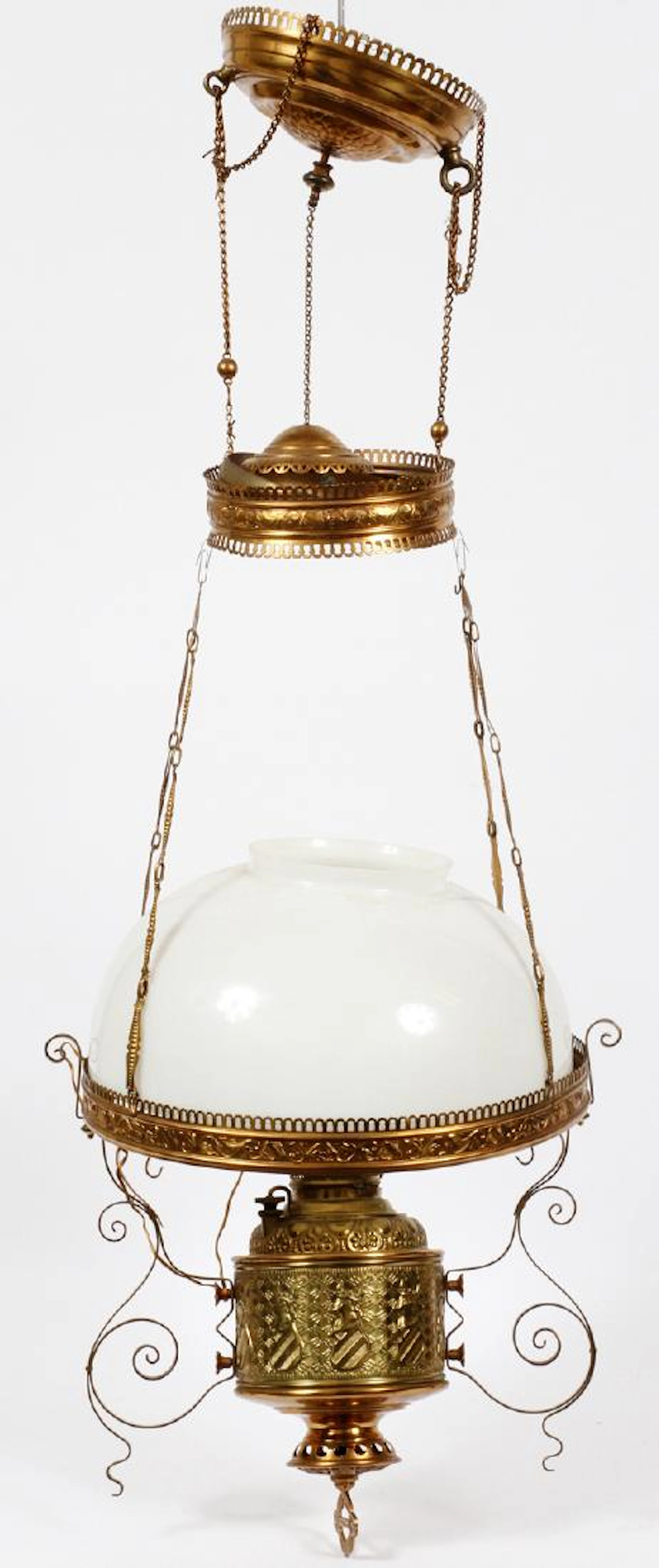 VICTORIAN STYLE BRASS & MILK GLASS HANGING OIL LAMP