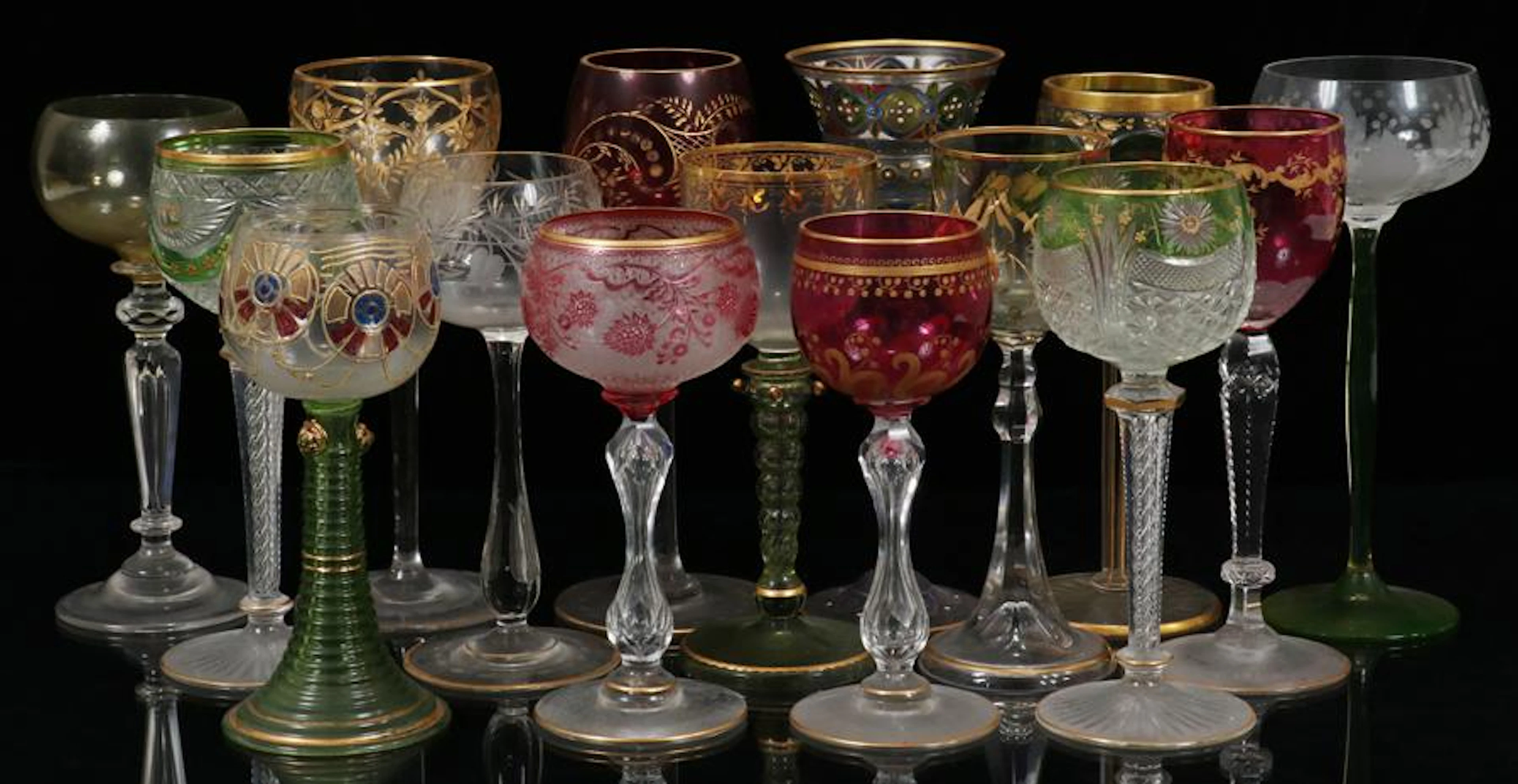 European etched & fired gold wine goblets, 15 pcs