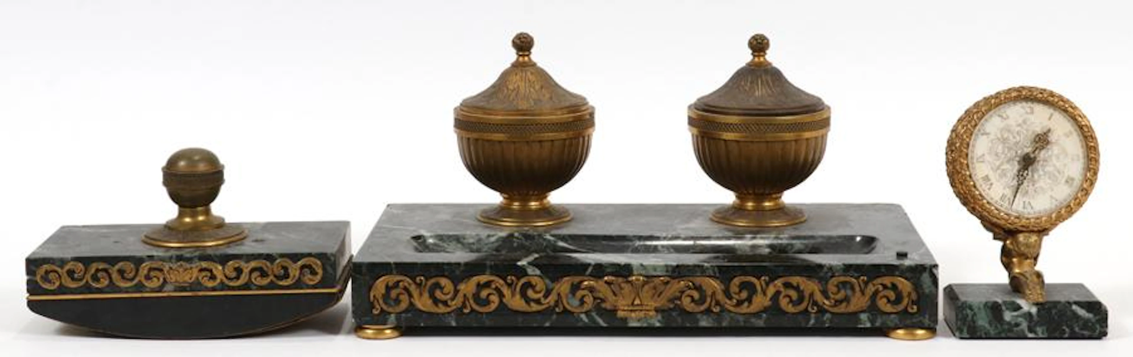 French, empire style bronze & marble desk set