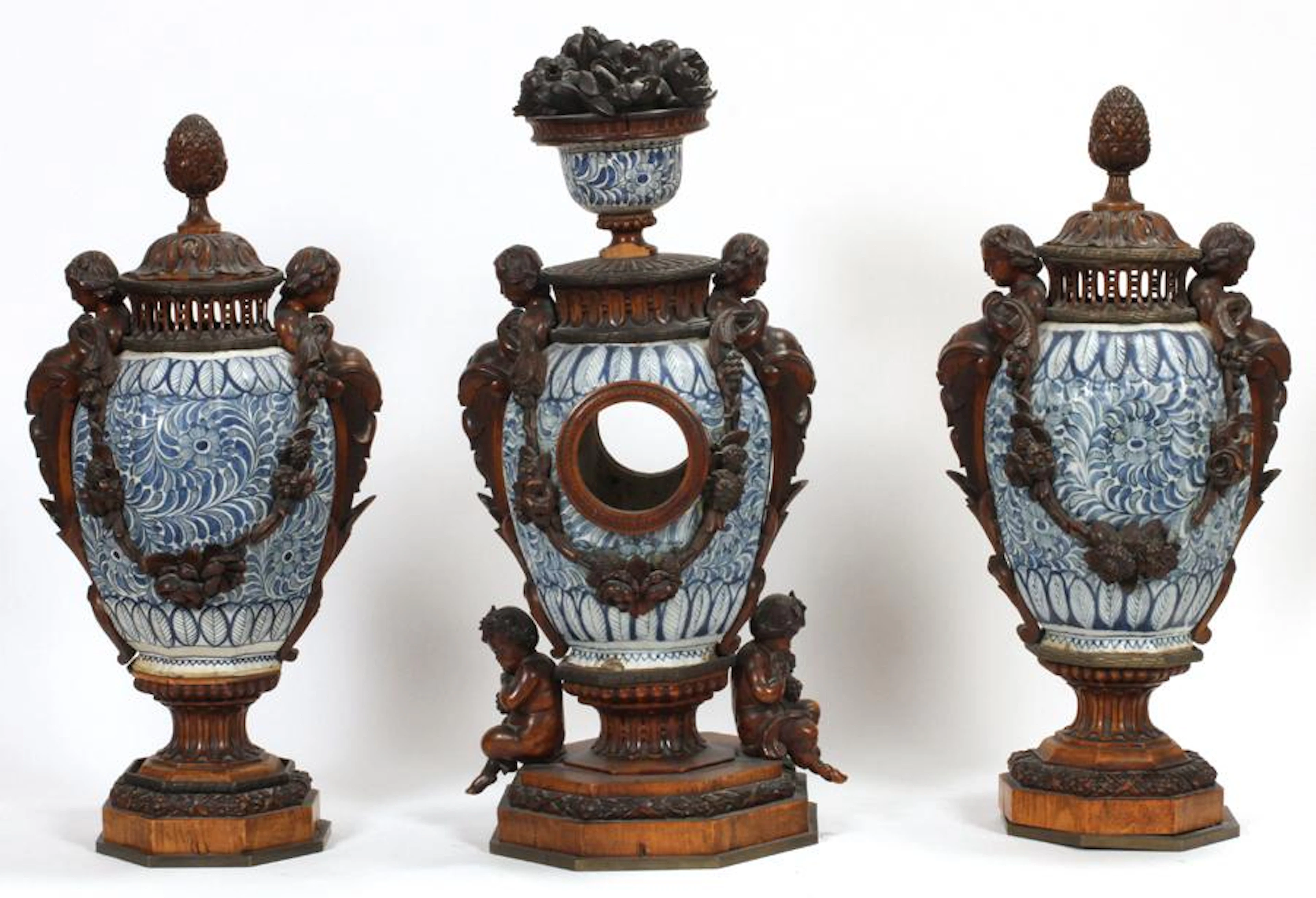 Dutch porcelain & carved wood garniture set, 3 pcs