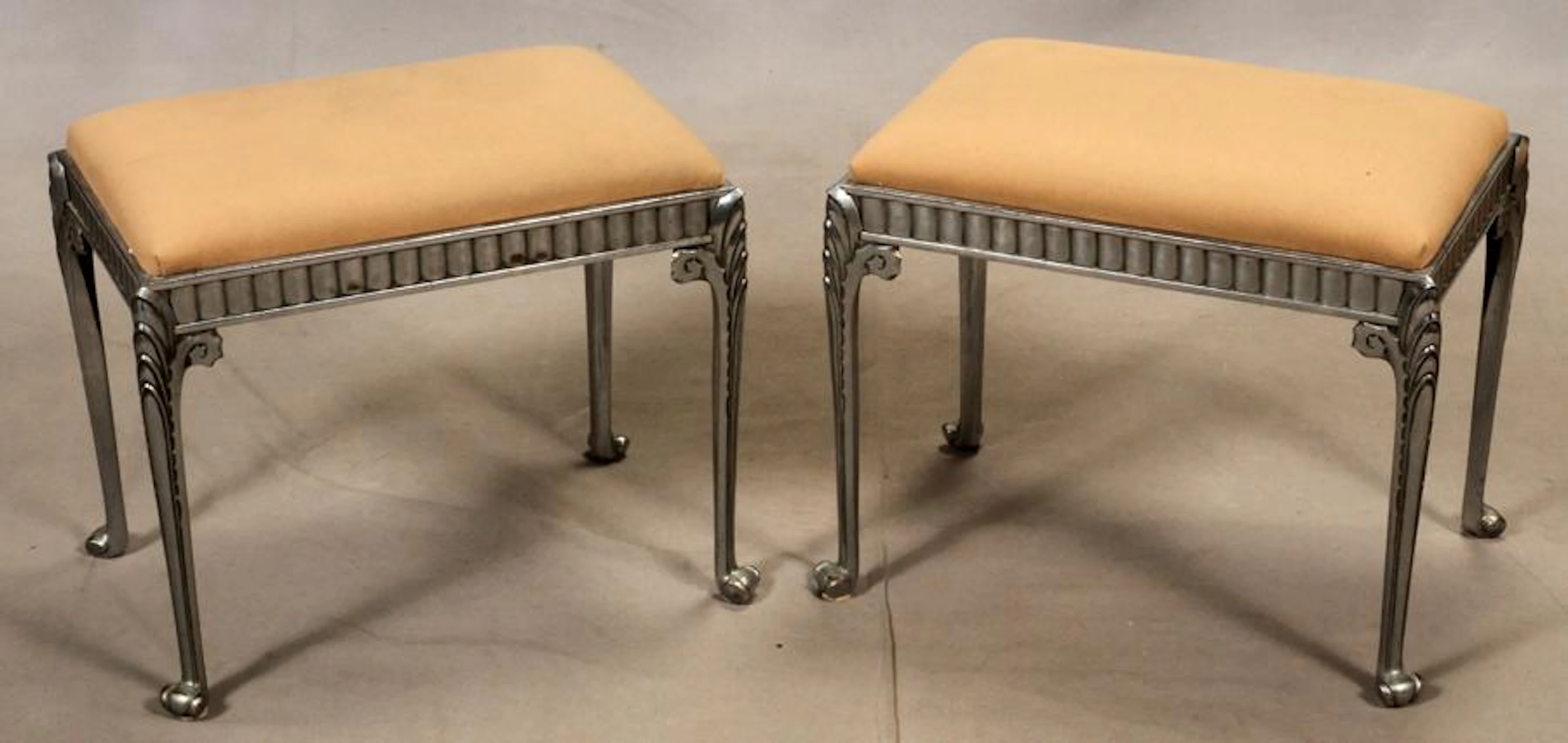 Art deco steel benches, pair, h 16", w 14", l 21"