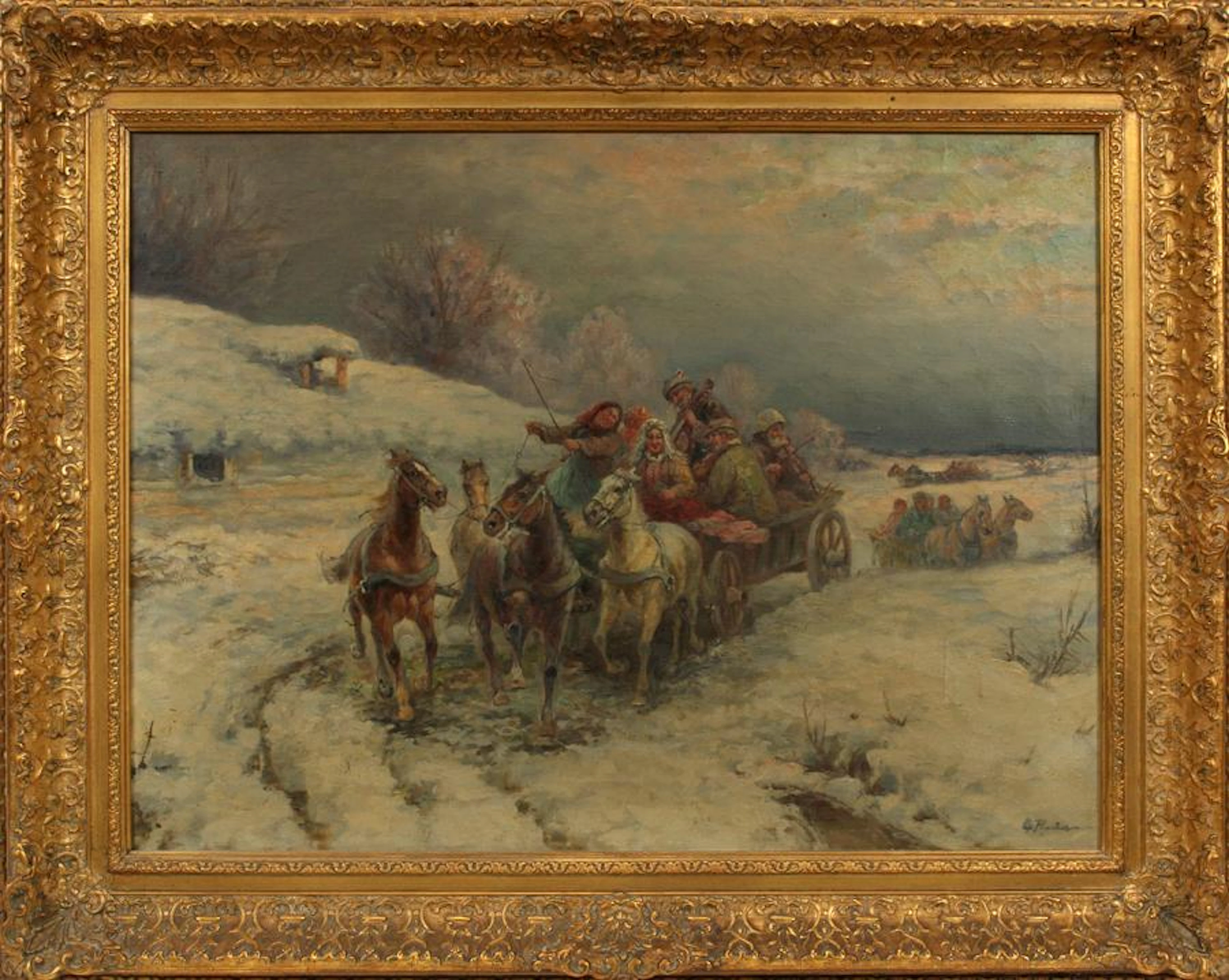 Gustav prucha oil on canvas, "wedding party"