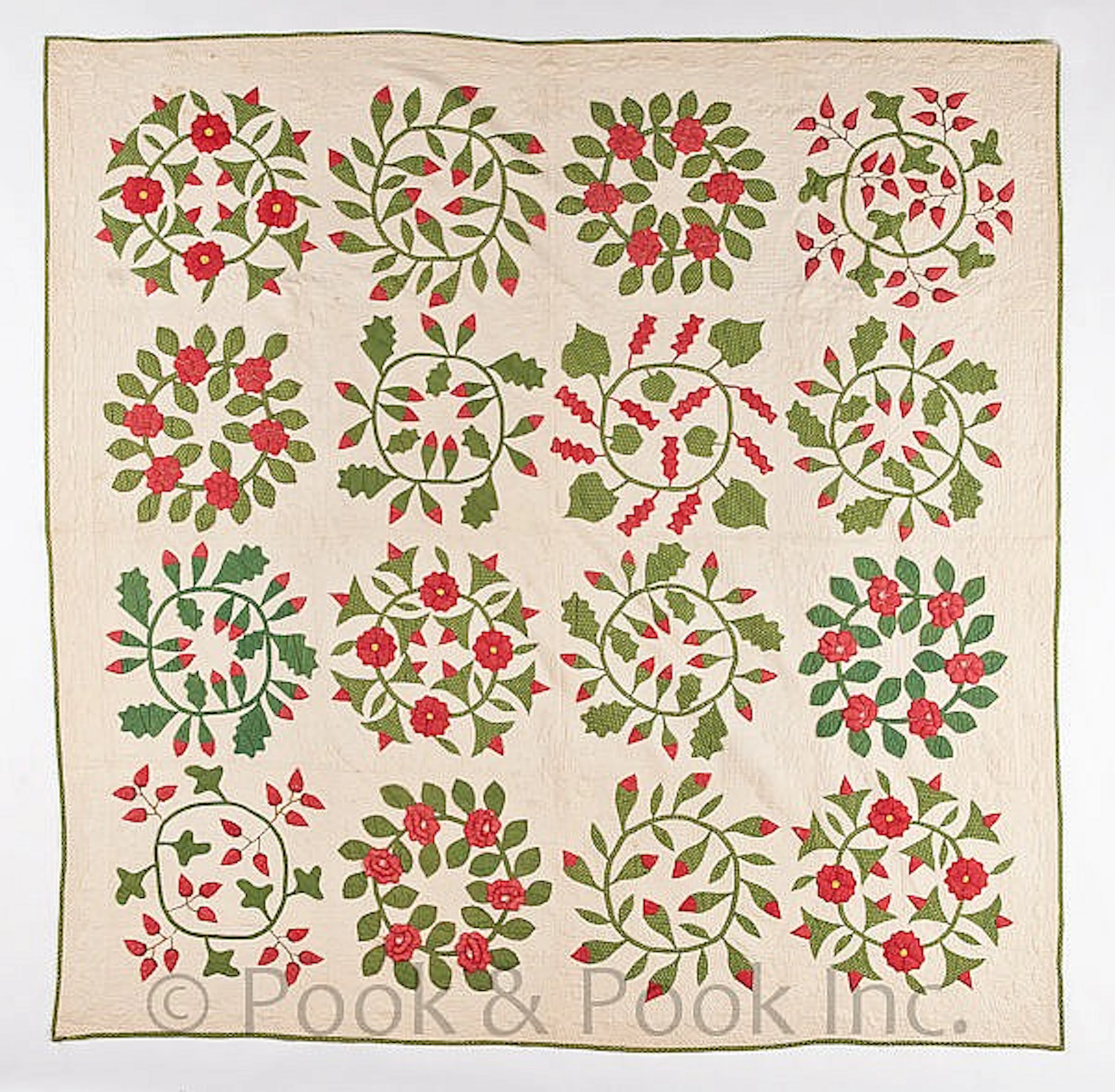 Appliqué and trapunto rose wreath quilt, ca. 1860,