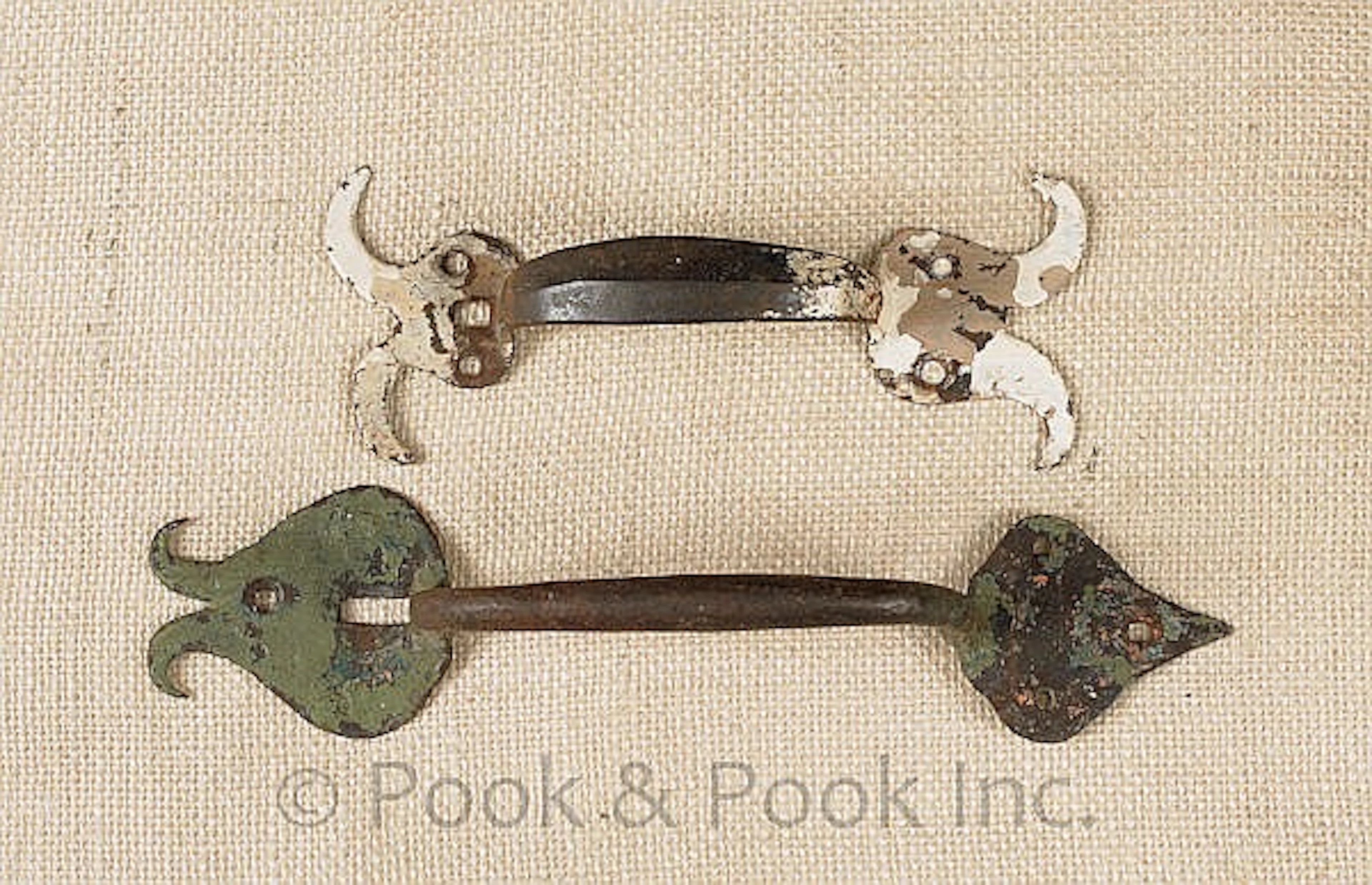 Two wrought iron thumb latches, 19th c., with