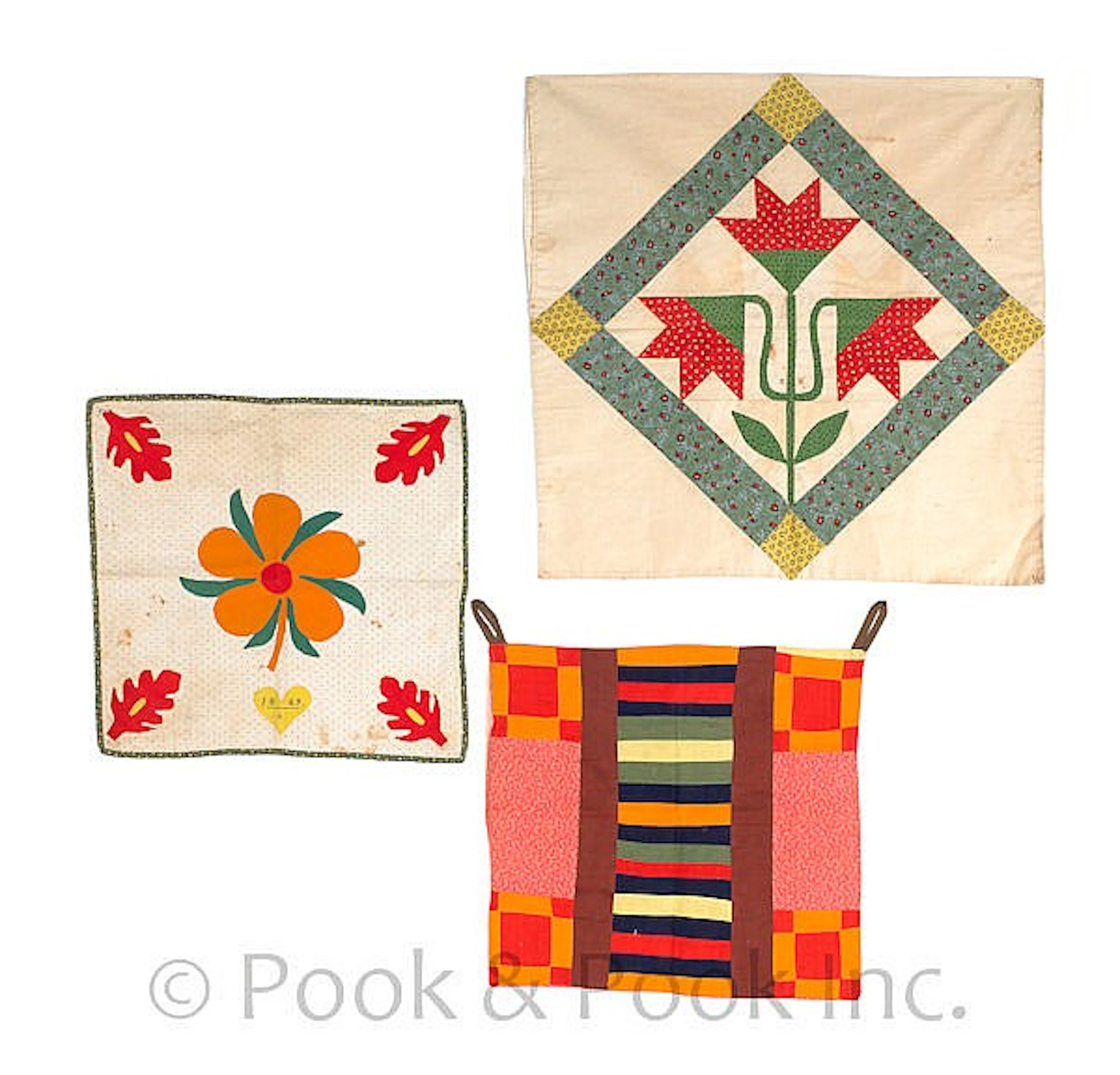 Three Pennsylvania pieced and appliqué privy bags,