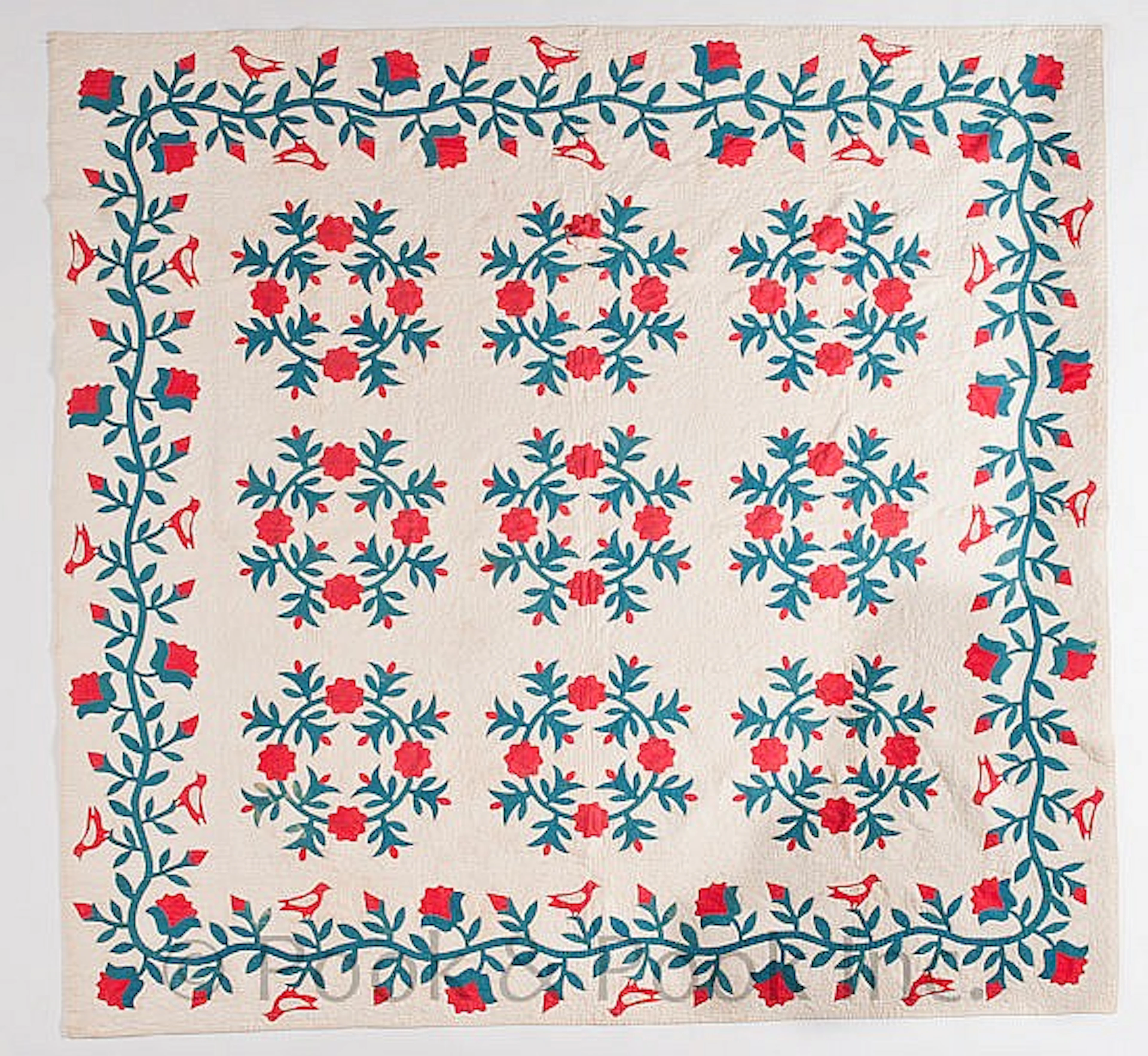 Appliqué bird and wreath quilt, late 19th c., 90"