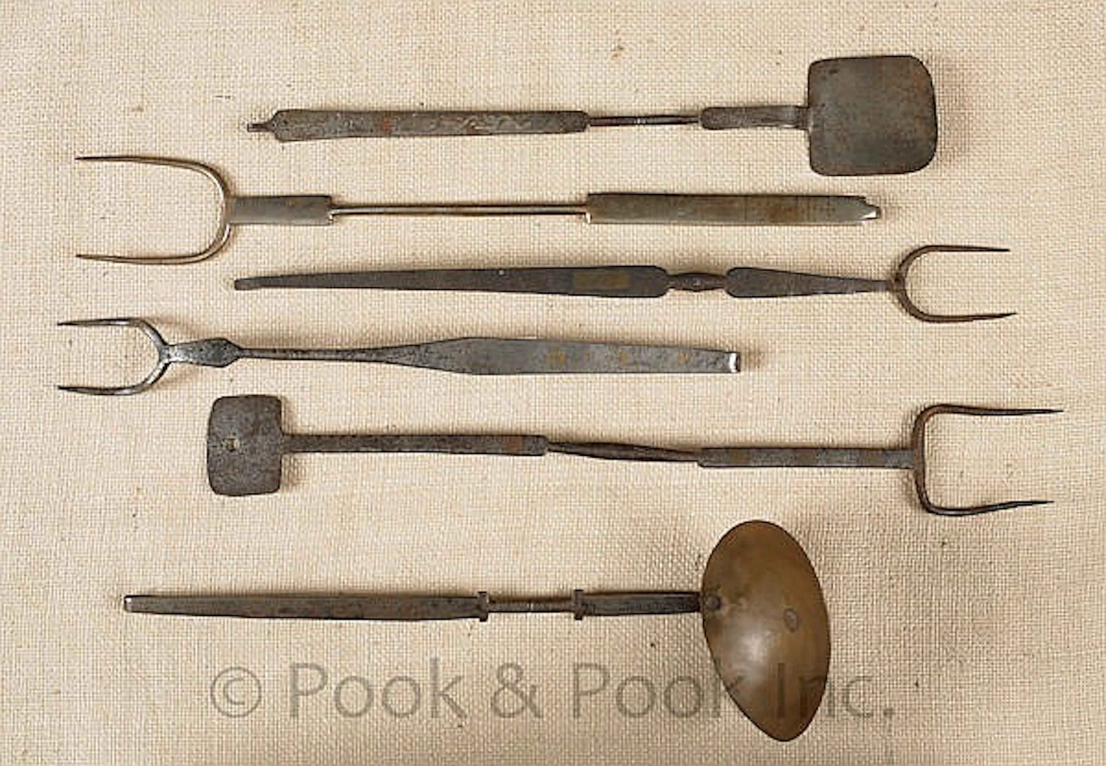 Six Pennsylvania inlaid wrought iron utensils,