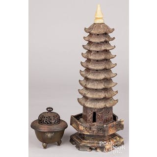 Chinese carved hardstone pagoda and bronze censer