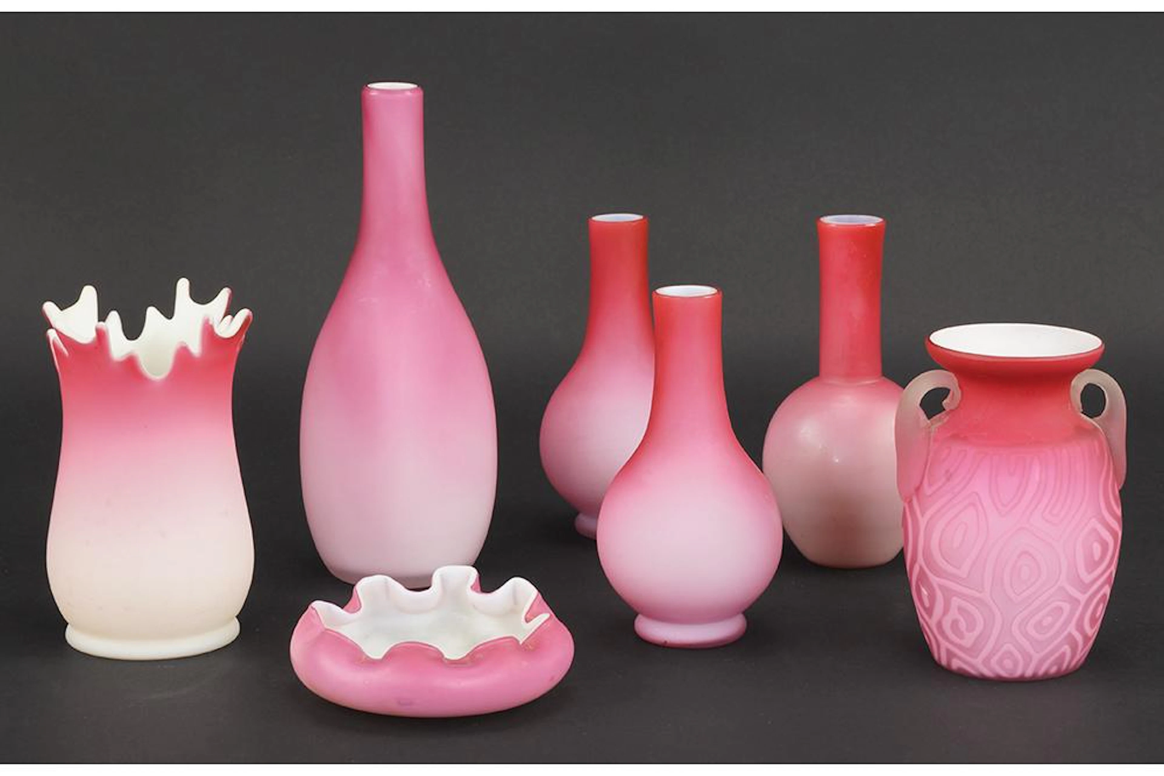 A Group of Six Pieces of Cased Cranberry Satin Glas