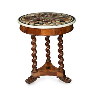 A Grand Tour specimen marble table top with an English specimen wood base