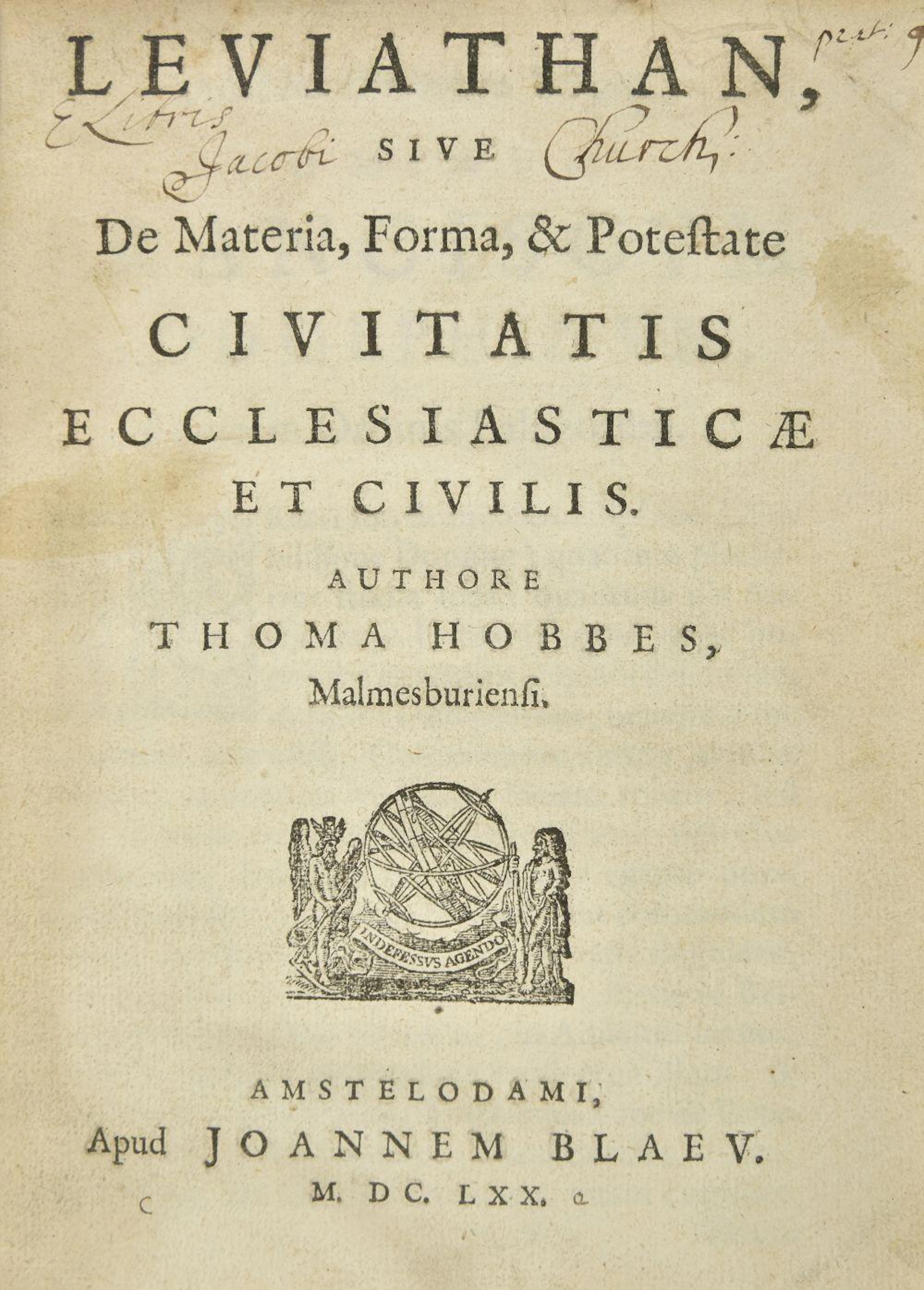 Hobbes (Thomas). Leviathan, Amsterdam, 1670