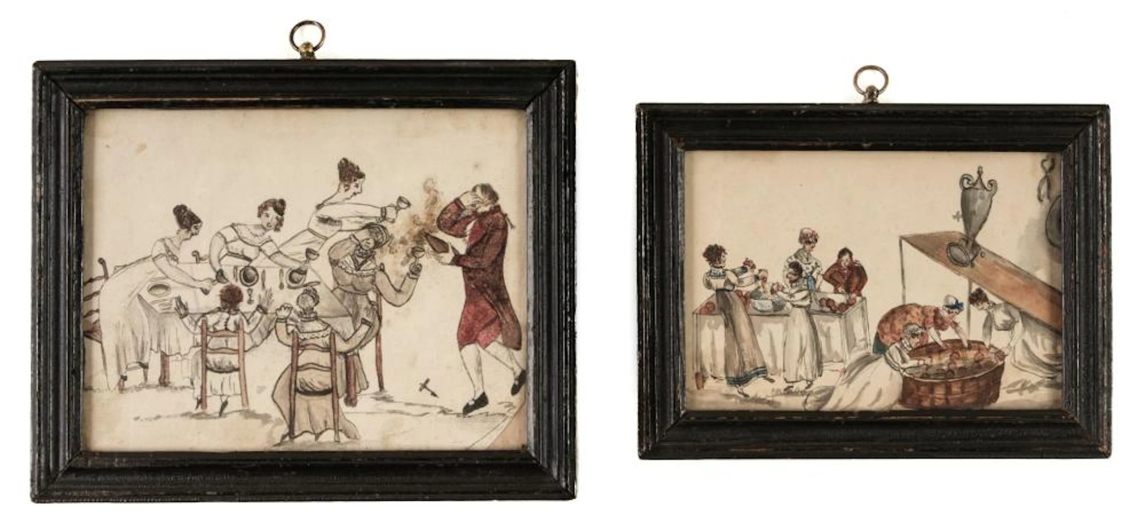 * Naive School. A pair of Regency drawings of domestic scenes, circa 1810