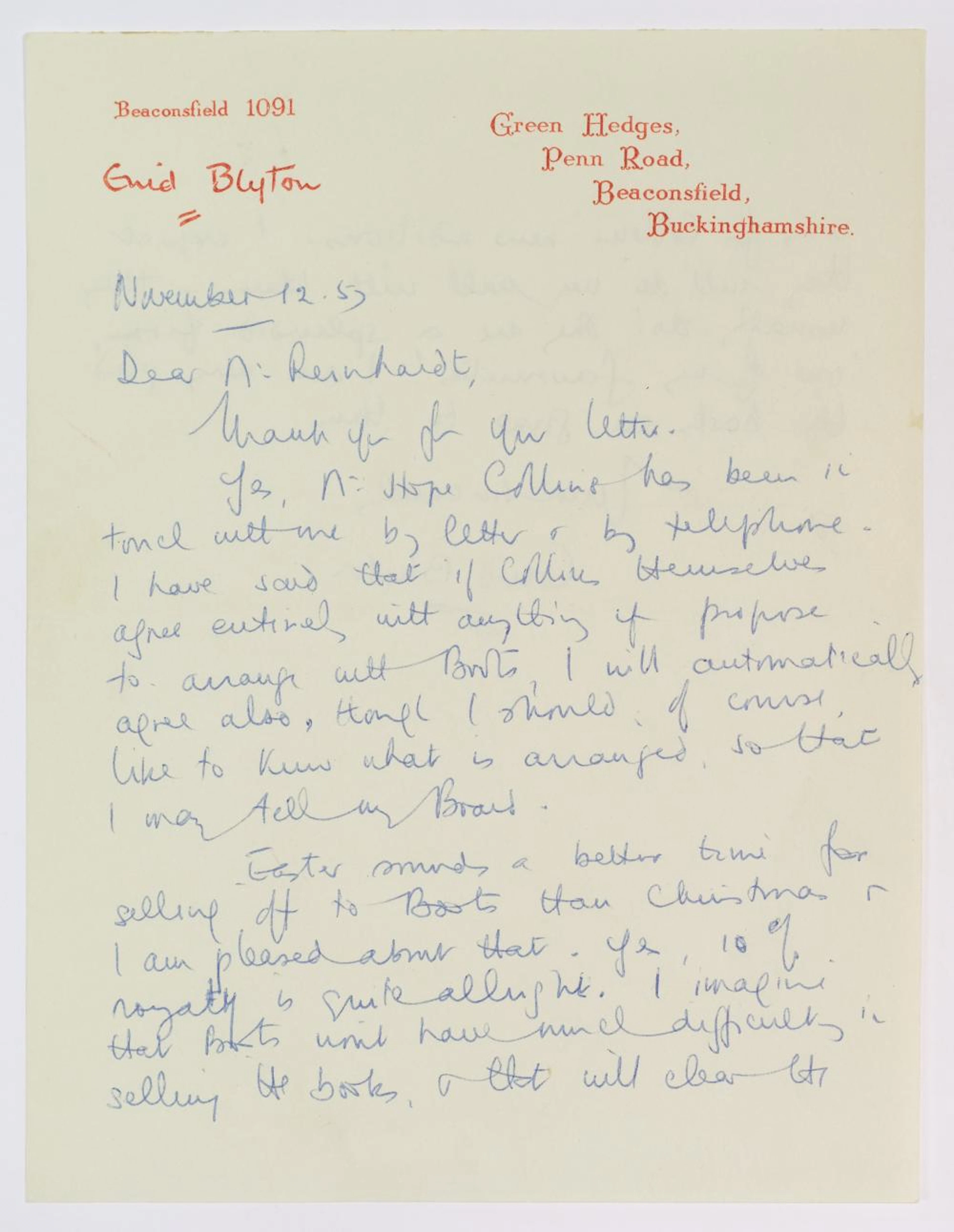 * Blyton (Enid, 1897-1968). Autograph letter signed, 12 November 1957