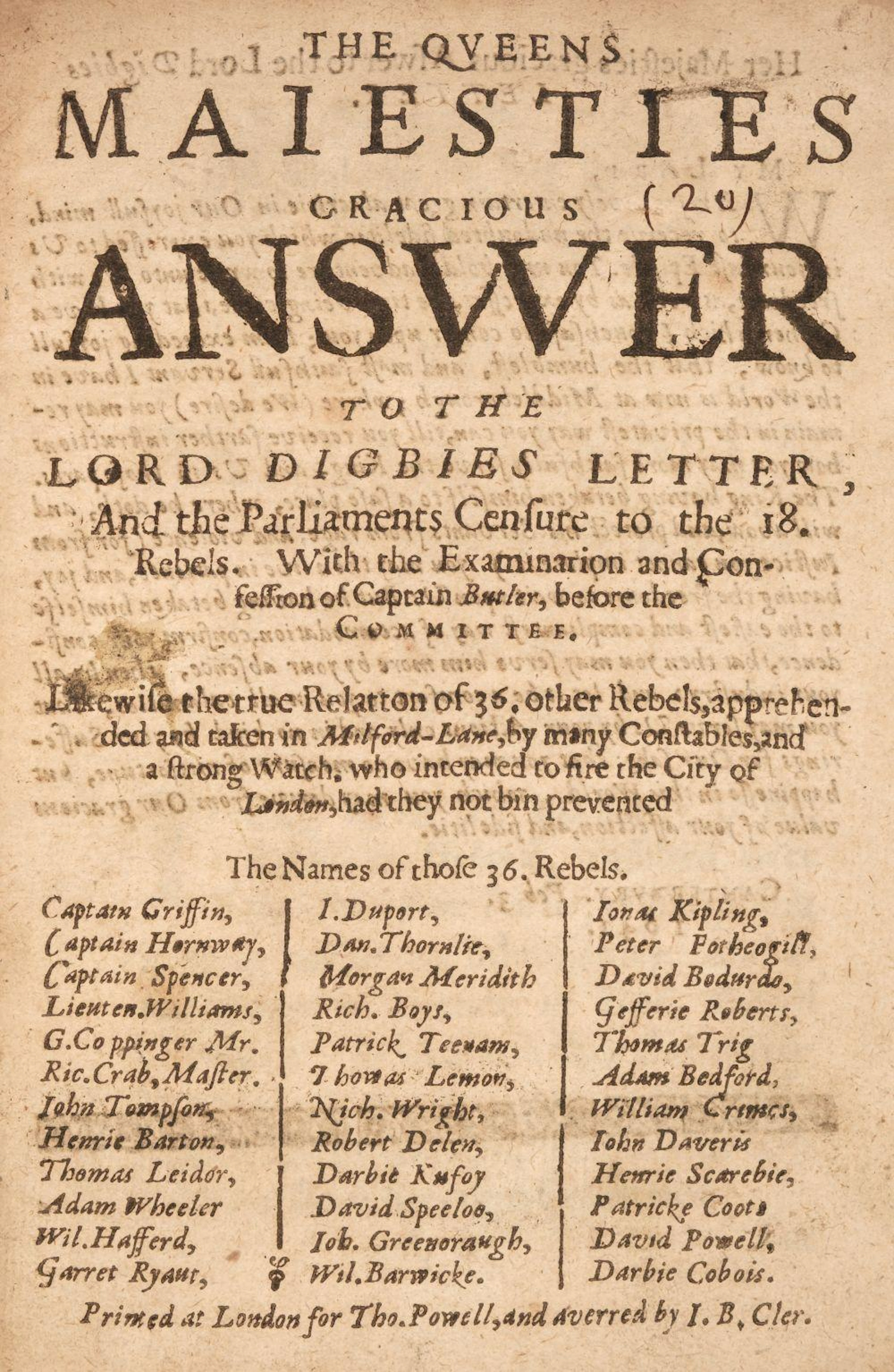 English Civil War. The Queens Maiesties Gracious Answer