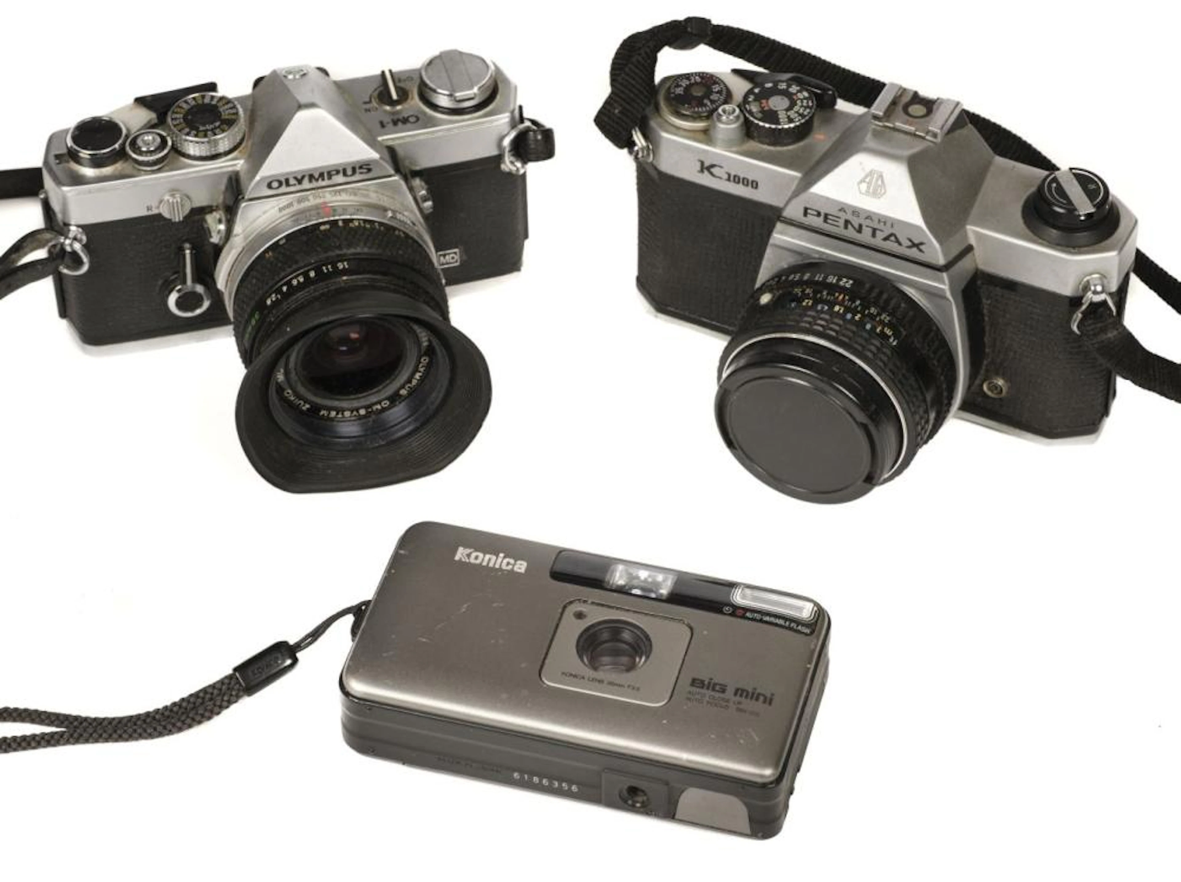 Olympus OM-1, Pentax K1000 & Konica Big Mini BM-201 cameras with several lenses